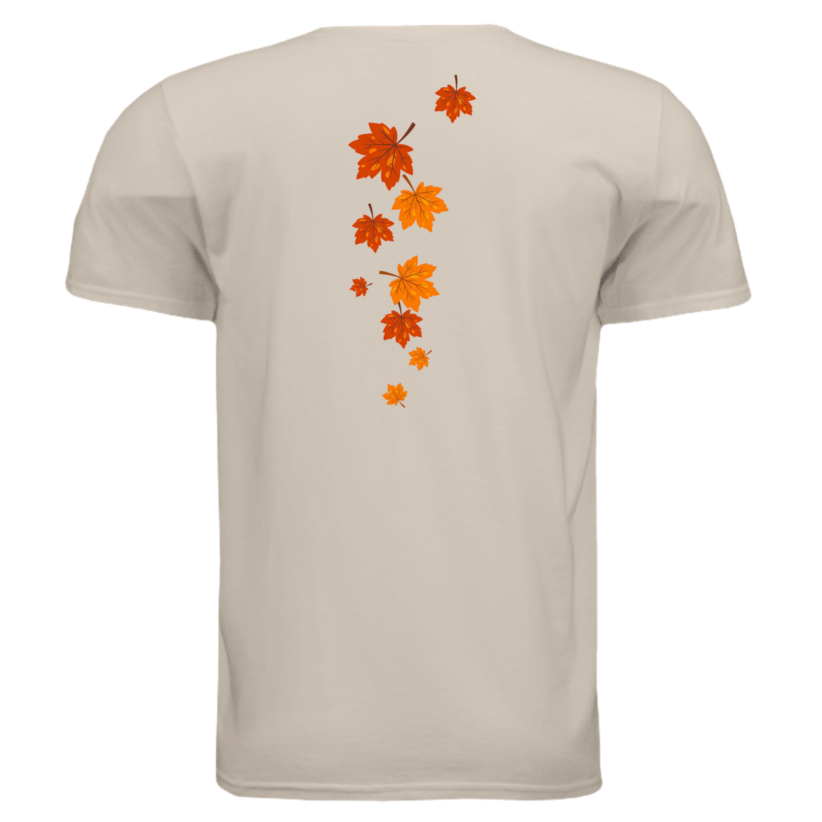 Back view of a fall graphic tee featuring cascading orange leaves design.