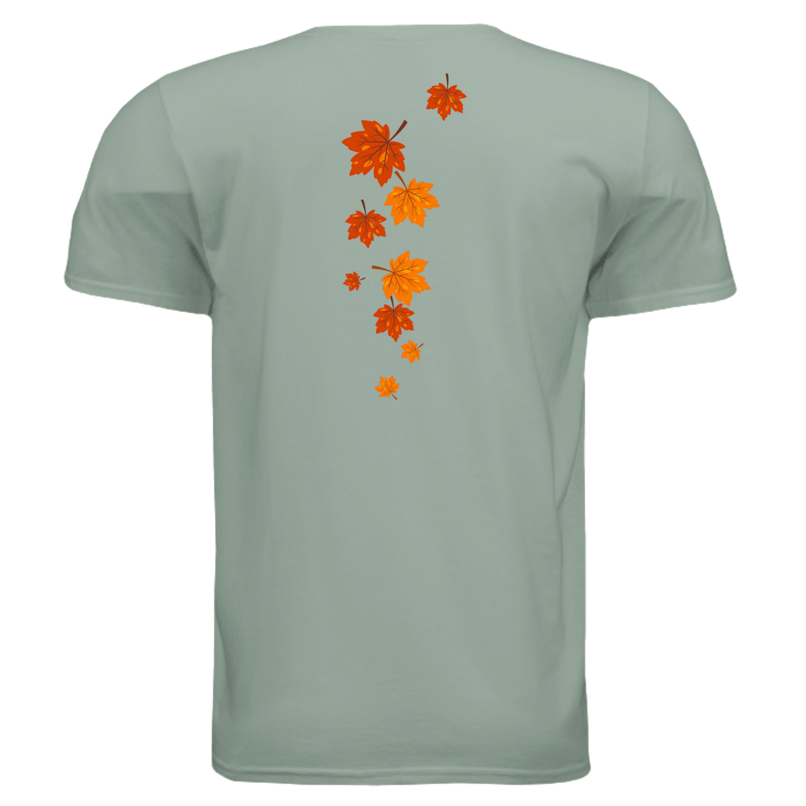 Back view of Too Cozy Too Care fall graphic tee featuring colorful autumn leaves design.