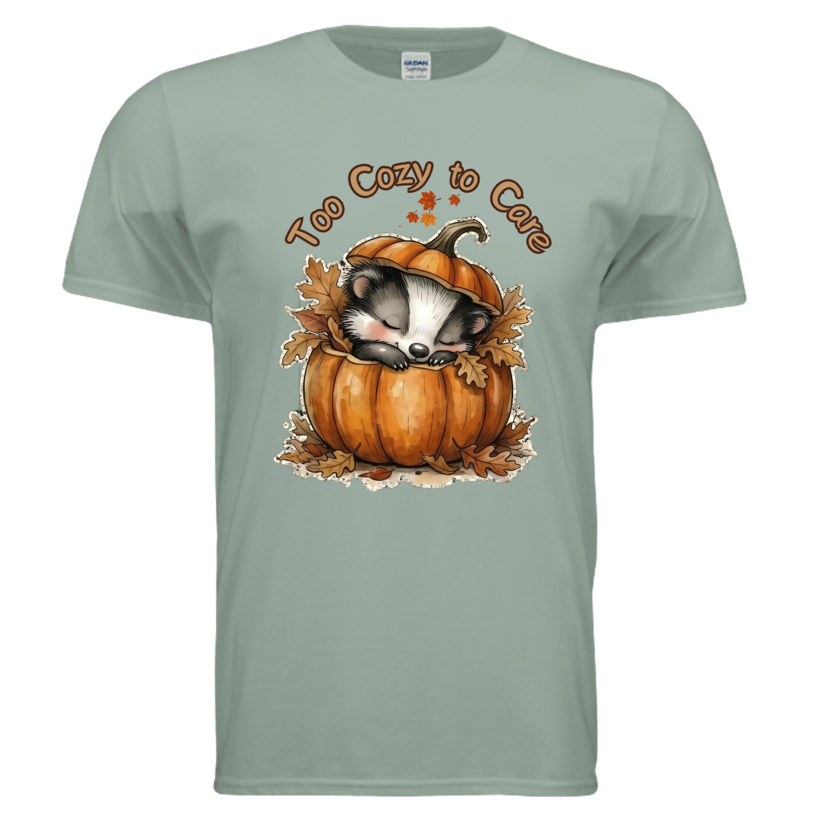 Too Cozy to Care Graphic Tee in sage with front pumpkin design; perfect for showcasing cozy season vibes, fall graphic tee.