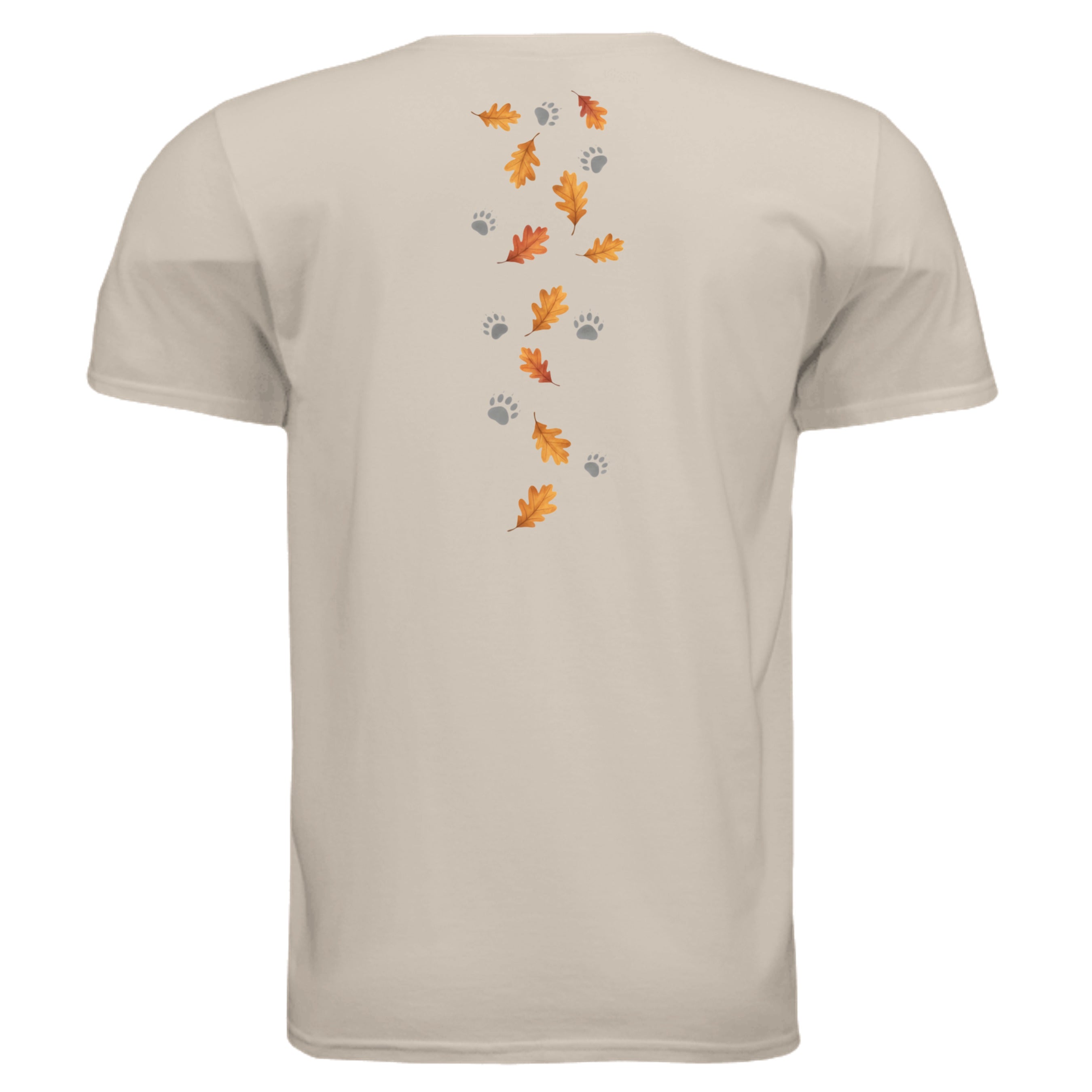 Back view of Cozy Badger graphic tee featuring autumn leaves and paw prints design in soft fabric.