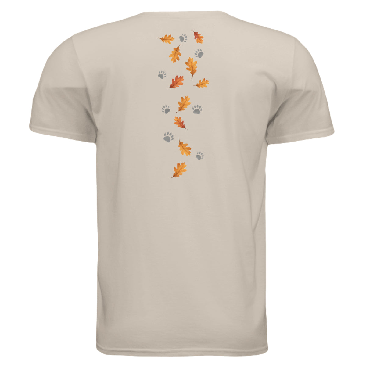 Back view of Cozy Badger graphic tee featuring autumn leaves and paw prints design in soft fabric.
