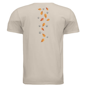Back view of Cozy Badger graphic tee featuring autumn leaves and paw prints design in soft fabric.
