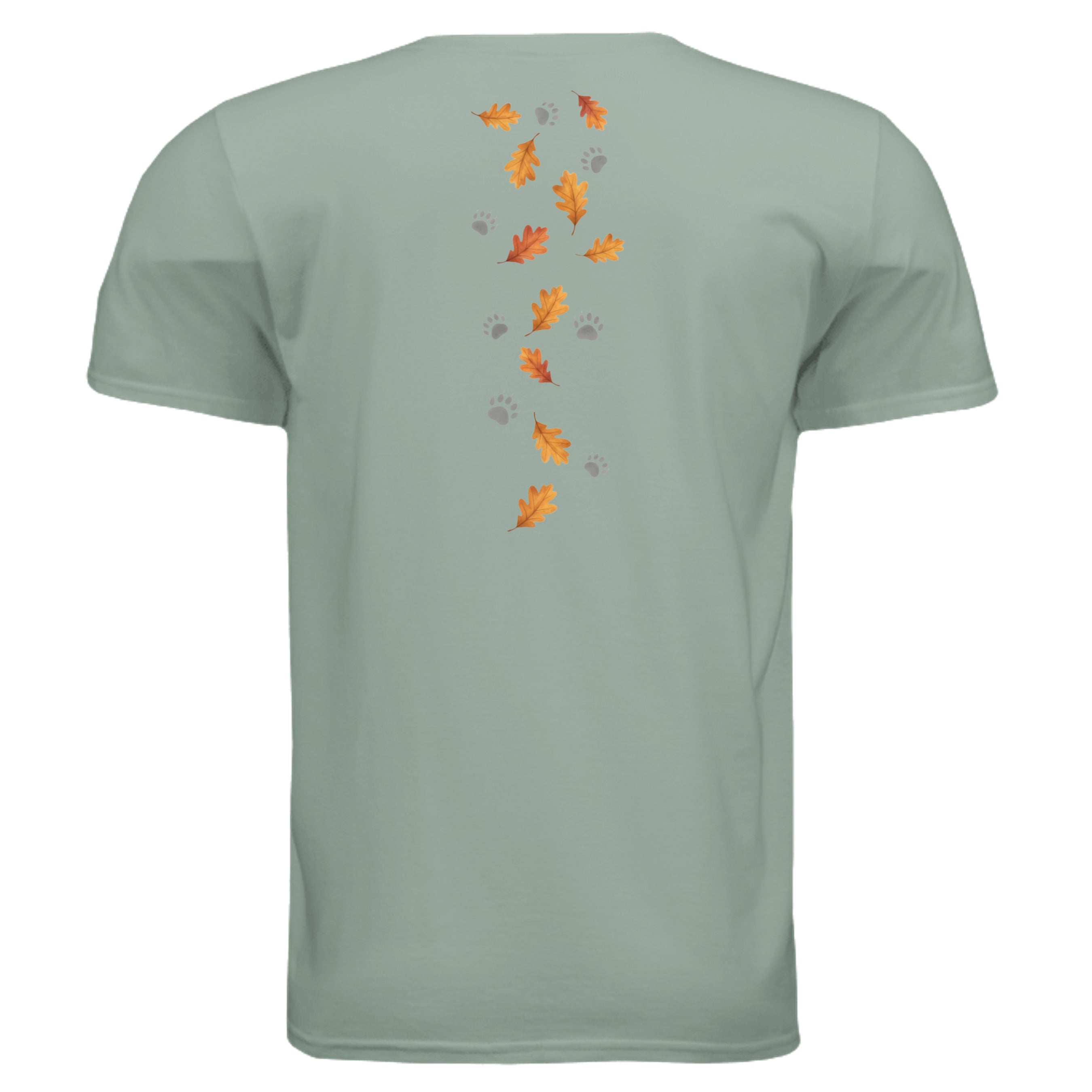 Back view of the Cozy Badger graphic tee featuring autumn leaves and paw prints on a soft mint green fabric.