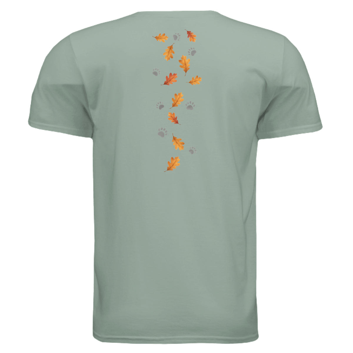 Back view of the Cozy Badger graphic tee featuring autumn leaves and paw prints on a soft mint green fabric.