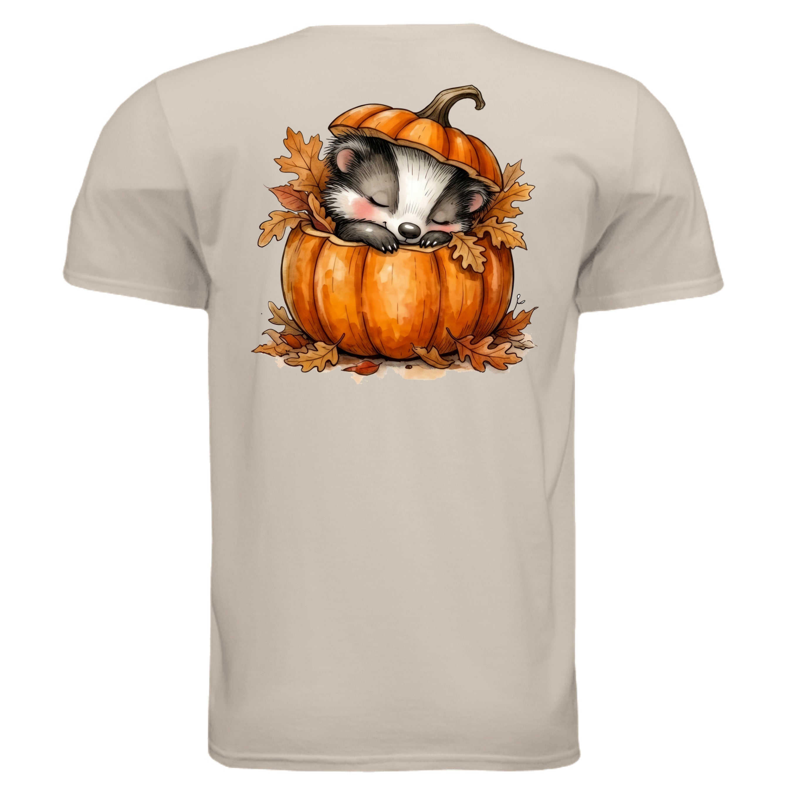 Cozy pocket graphic tee featuring a badger sleeping inside a pumpkin with autumn leaves.