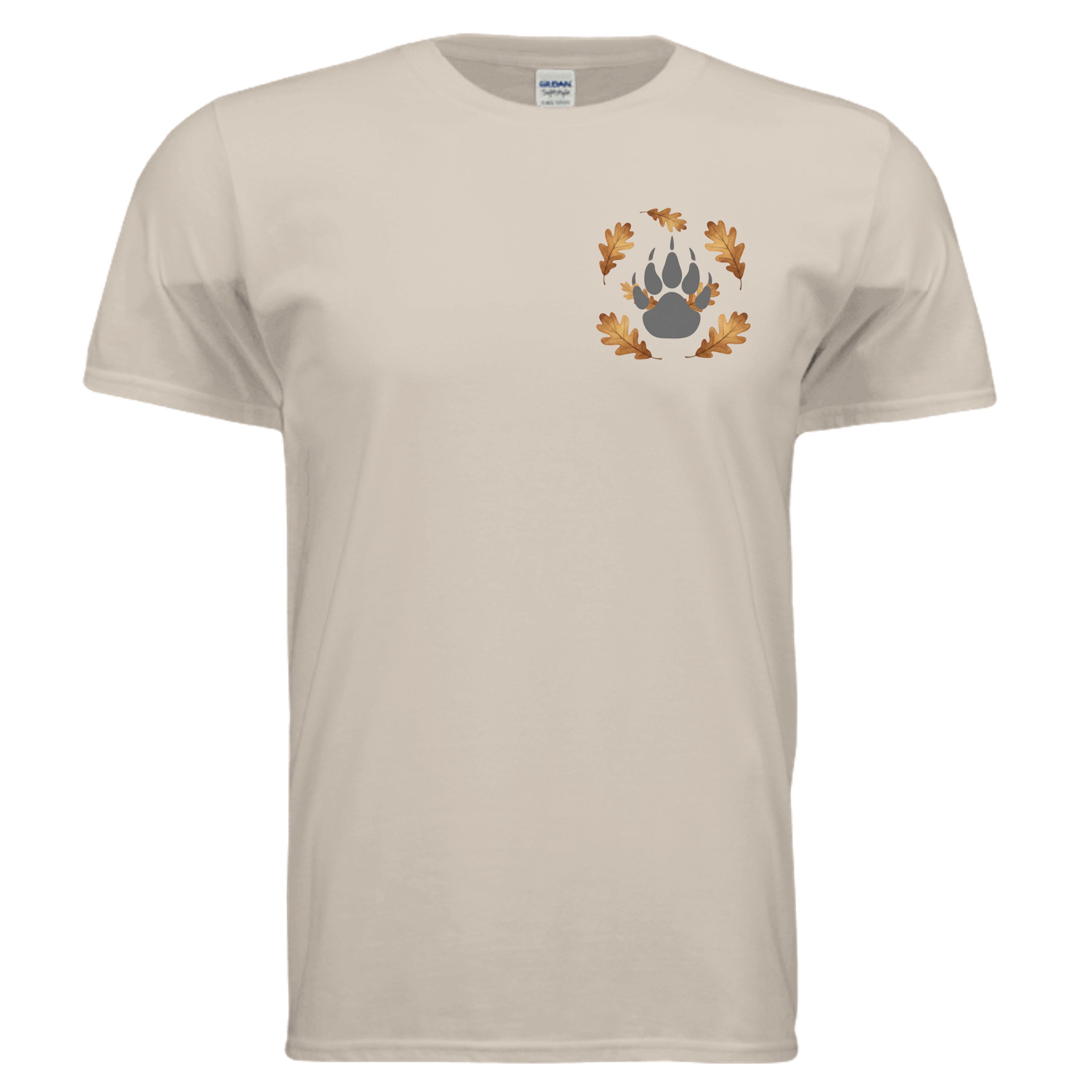 Cozy pocket graphic tee featuring a charming bear paw print surrounded by oak leaves on a light beige shirt.