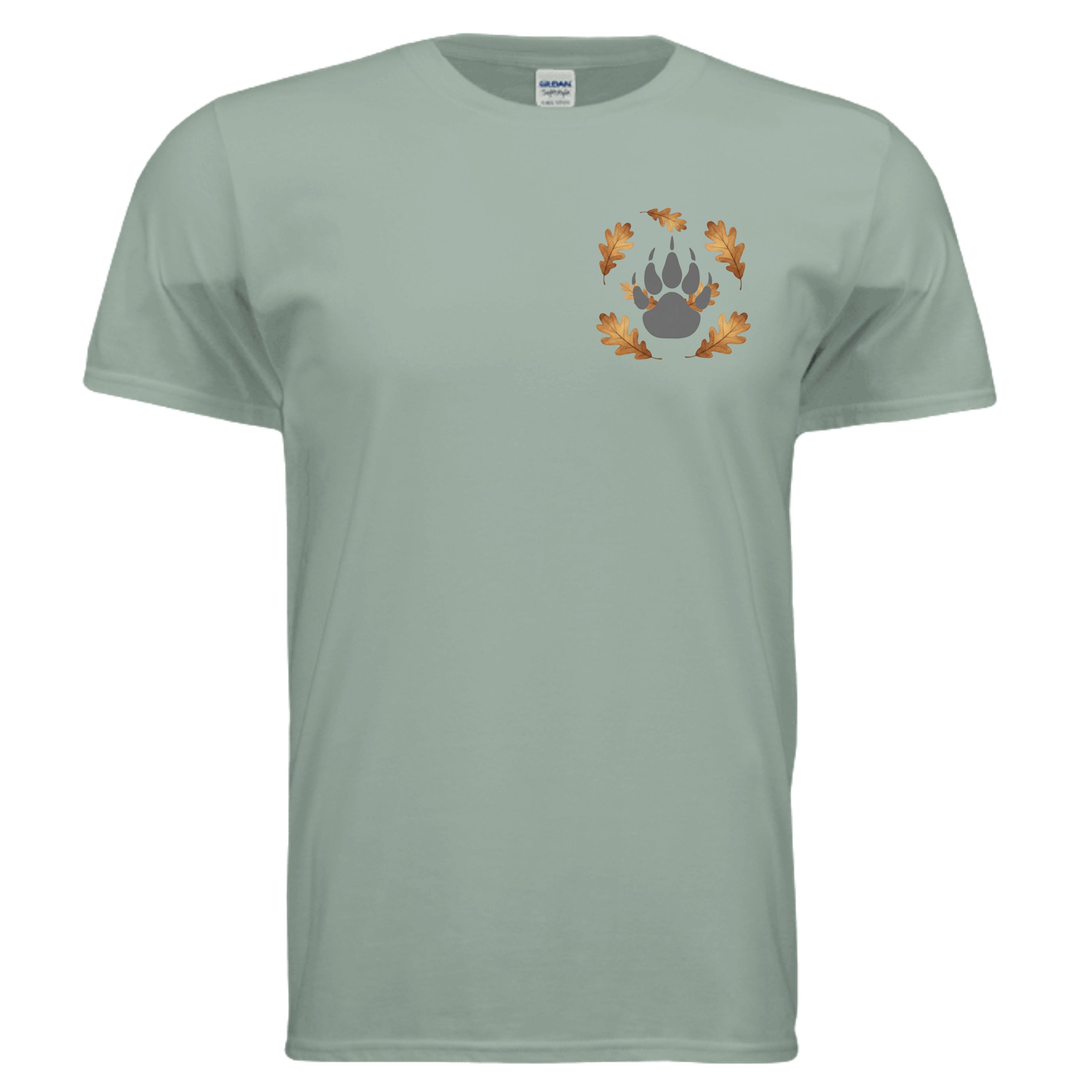 Cozy pocket graphic tee featuring a charming bear paw design with autumn leaves on a soft green background.