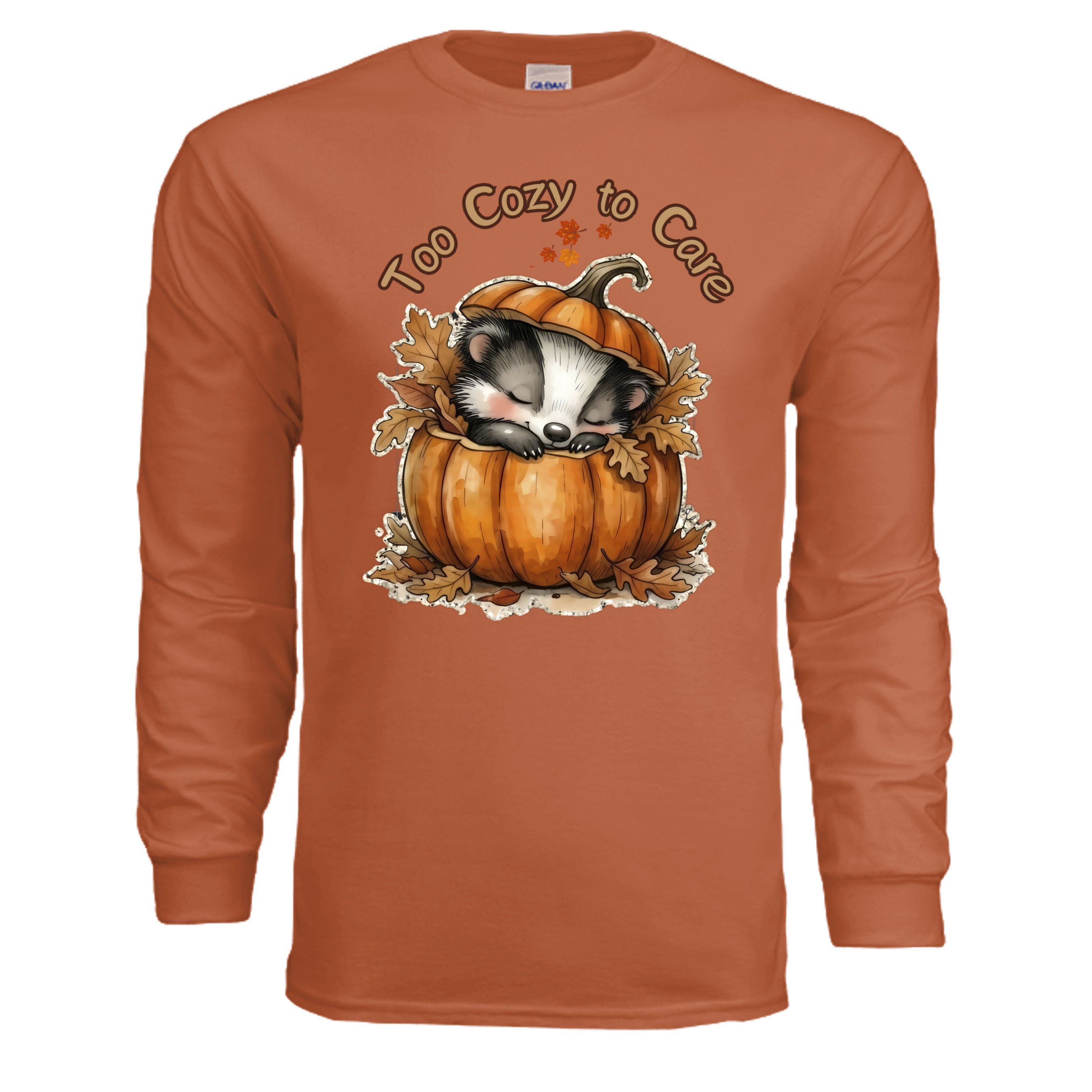 Cozy long sleeve graphic tee in Texas orange with a cute sleeping badger in a pumpkin design.