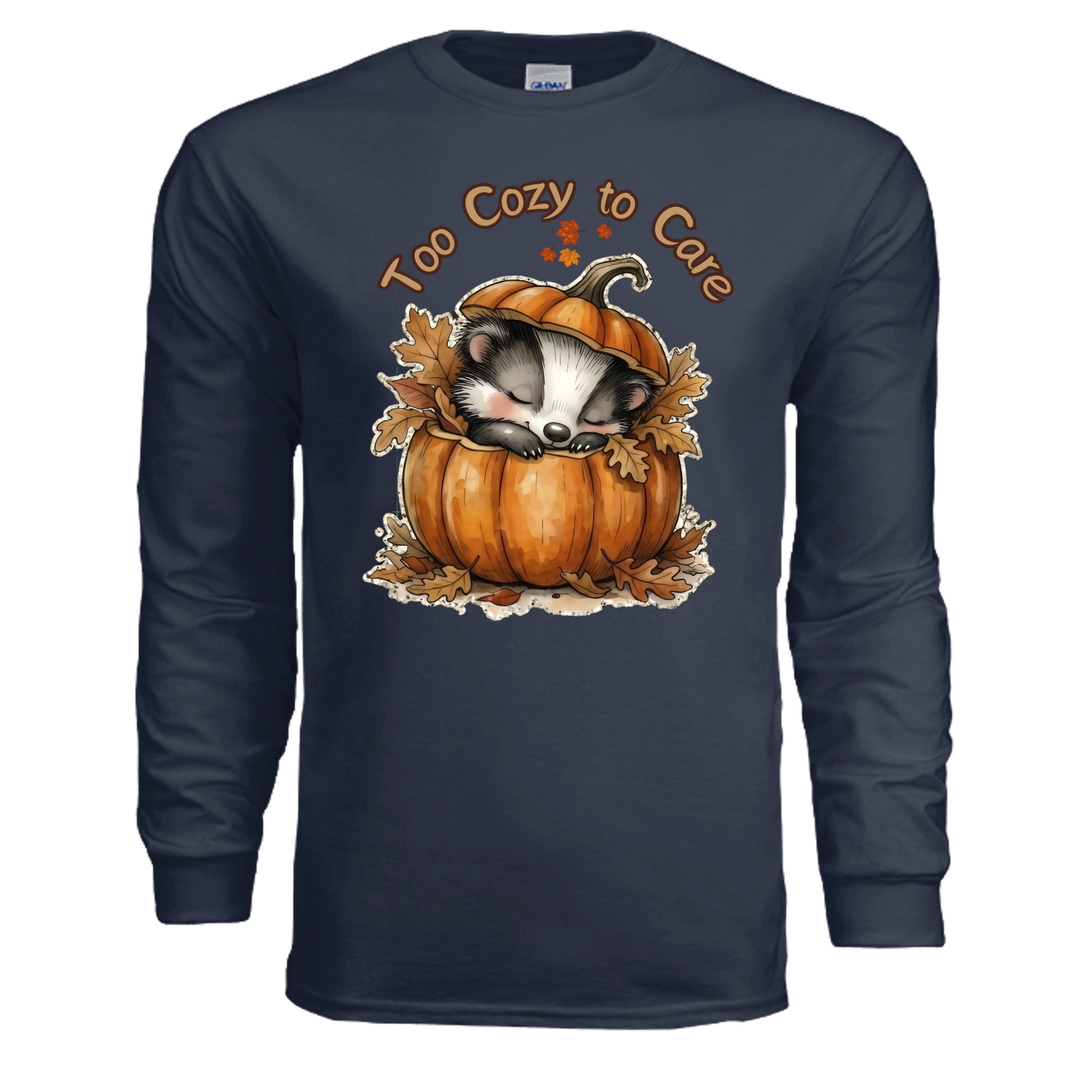 cozy long sleeve graphic tee featuring a sleeping badger in a pumpkin on a navy background.