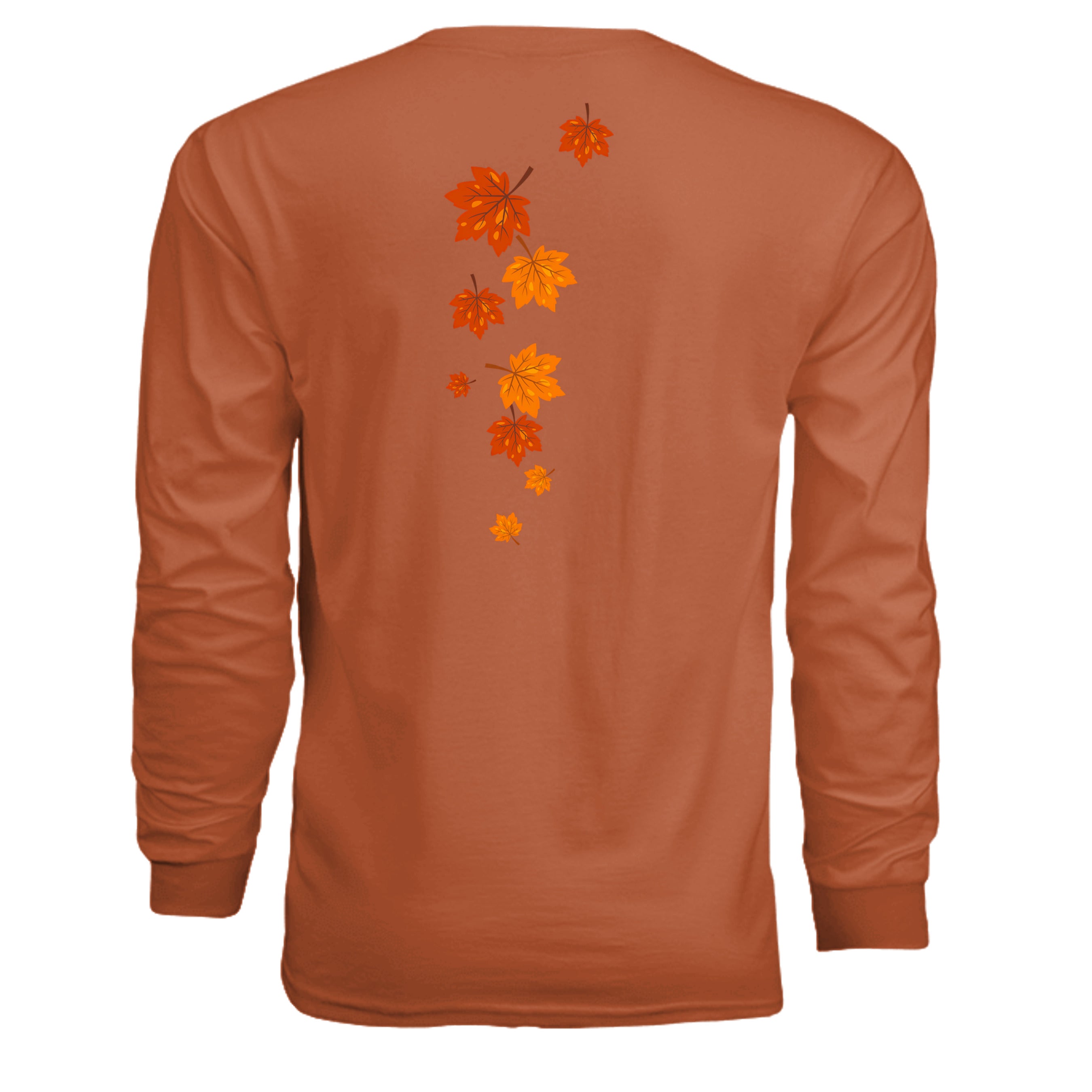 Back view of a cozy long sleeve graphic tee featuring autumn leaves design in vibrant colors.