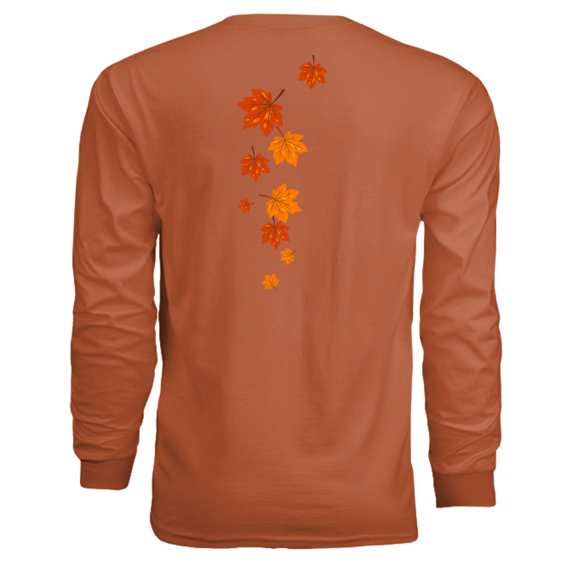 Back view of a cozy long sleeve graphic tee featuring autumn leaves design in vibrant colors.