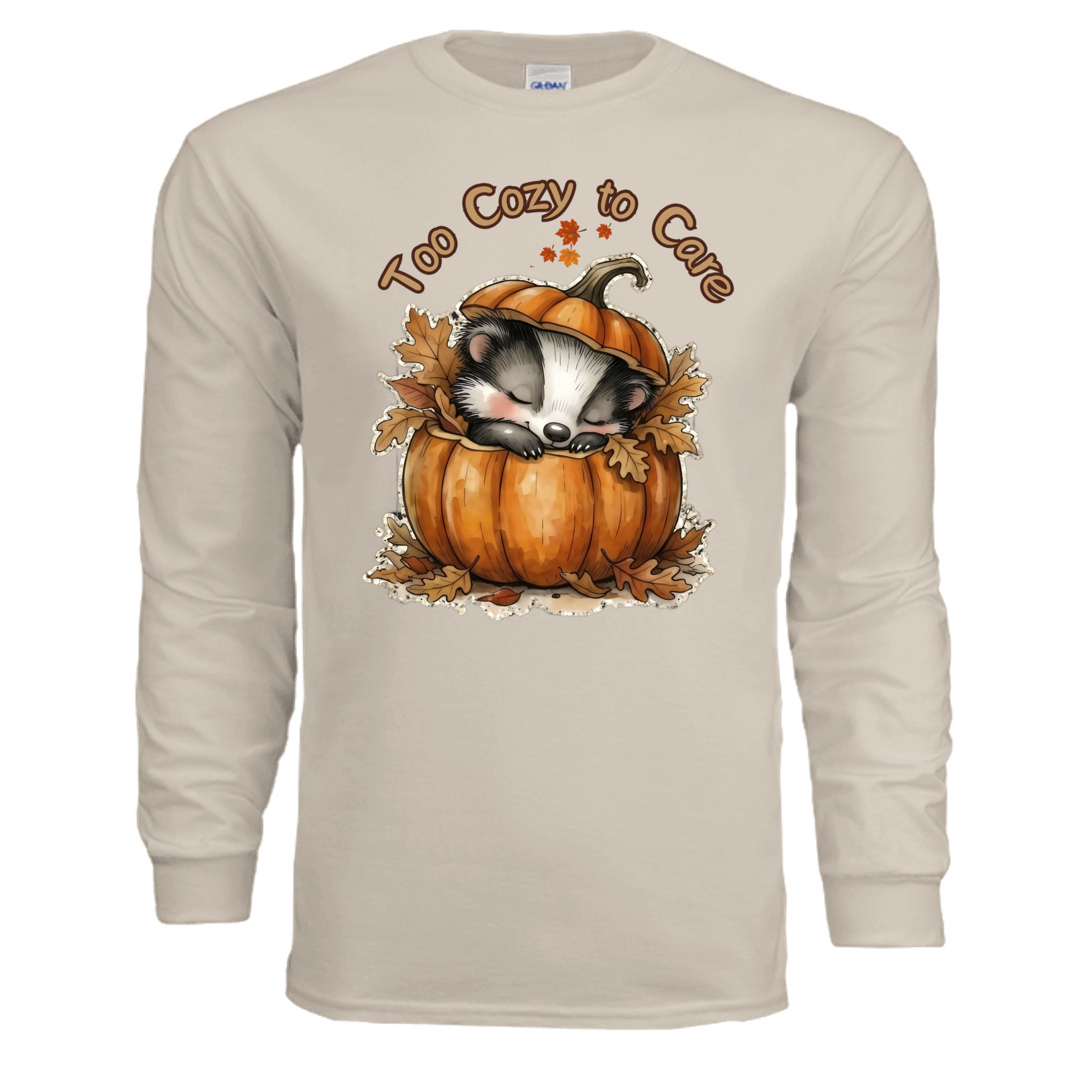 Cozy long sleeve graphic tee in sand color featuring a cute badger in a pumpkin design.
