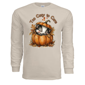 Cozy long sleeve graphic tee in sand color featuring a cute badger in a pumpkin design.