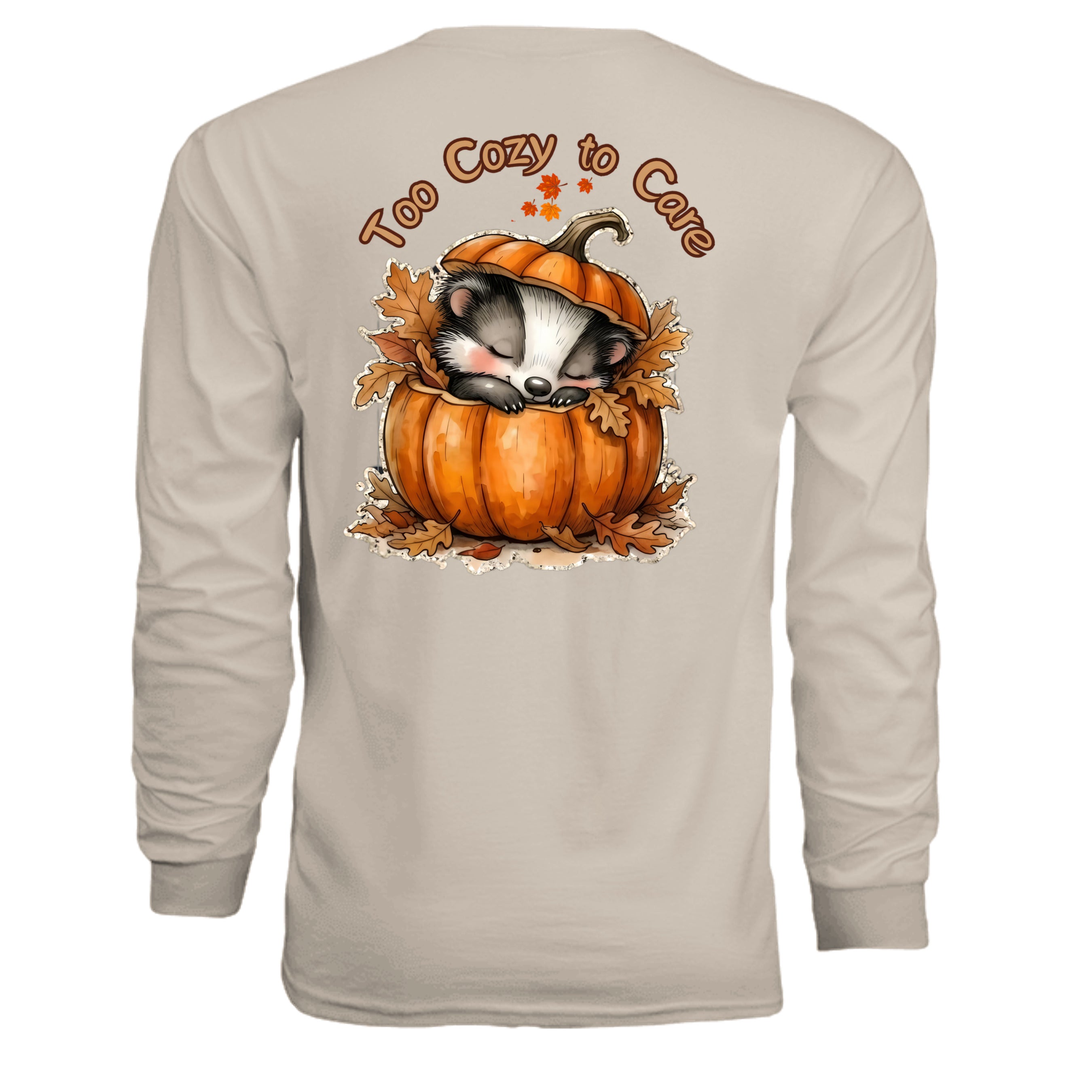 Too Cozy to Care Long Sleeve Pocket Tee with graphic featuring a cute raccoon in a pumpkin.