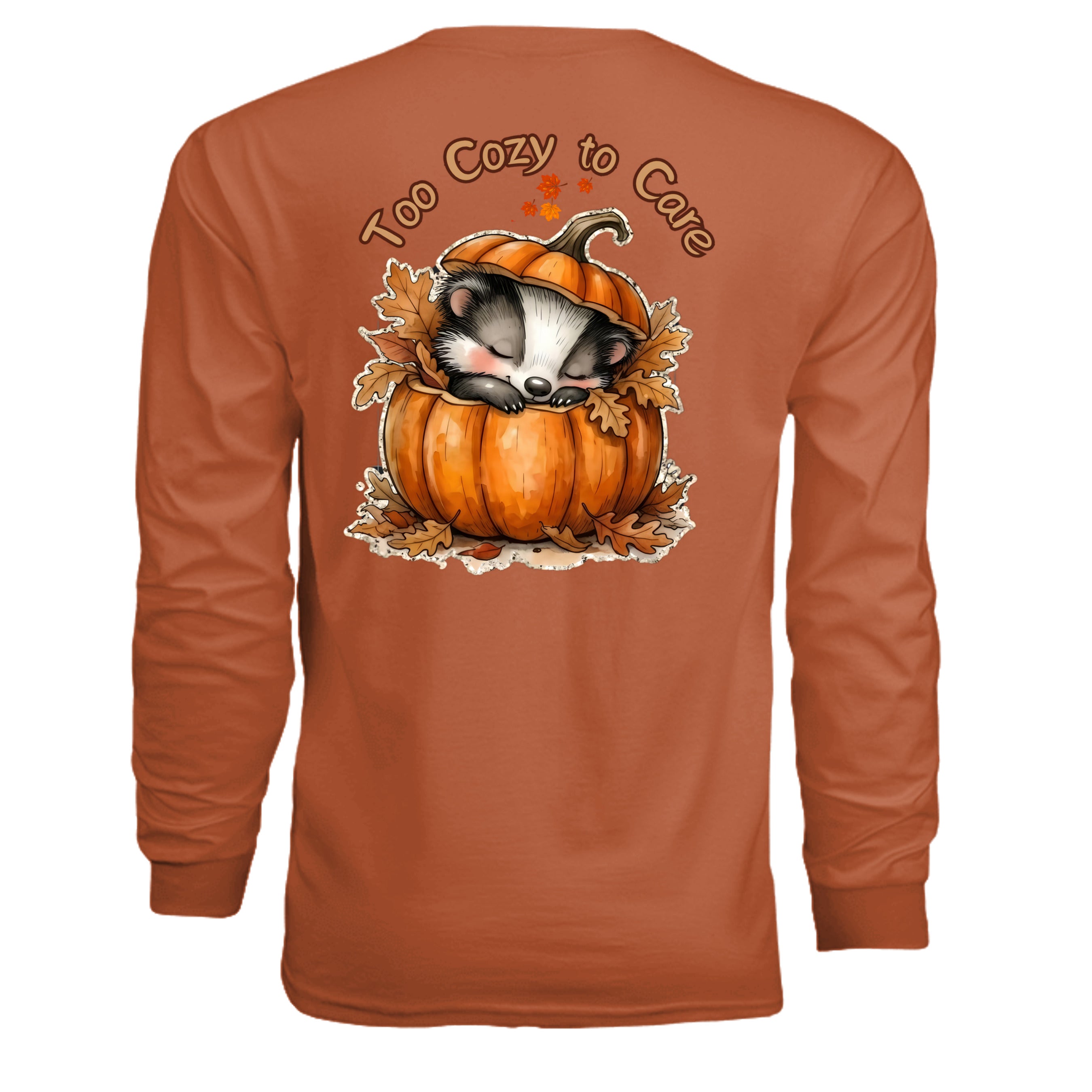 Long sleeve pocket tee with graphic featuring a sleeping raccoon in a pumpkin design.