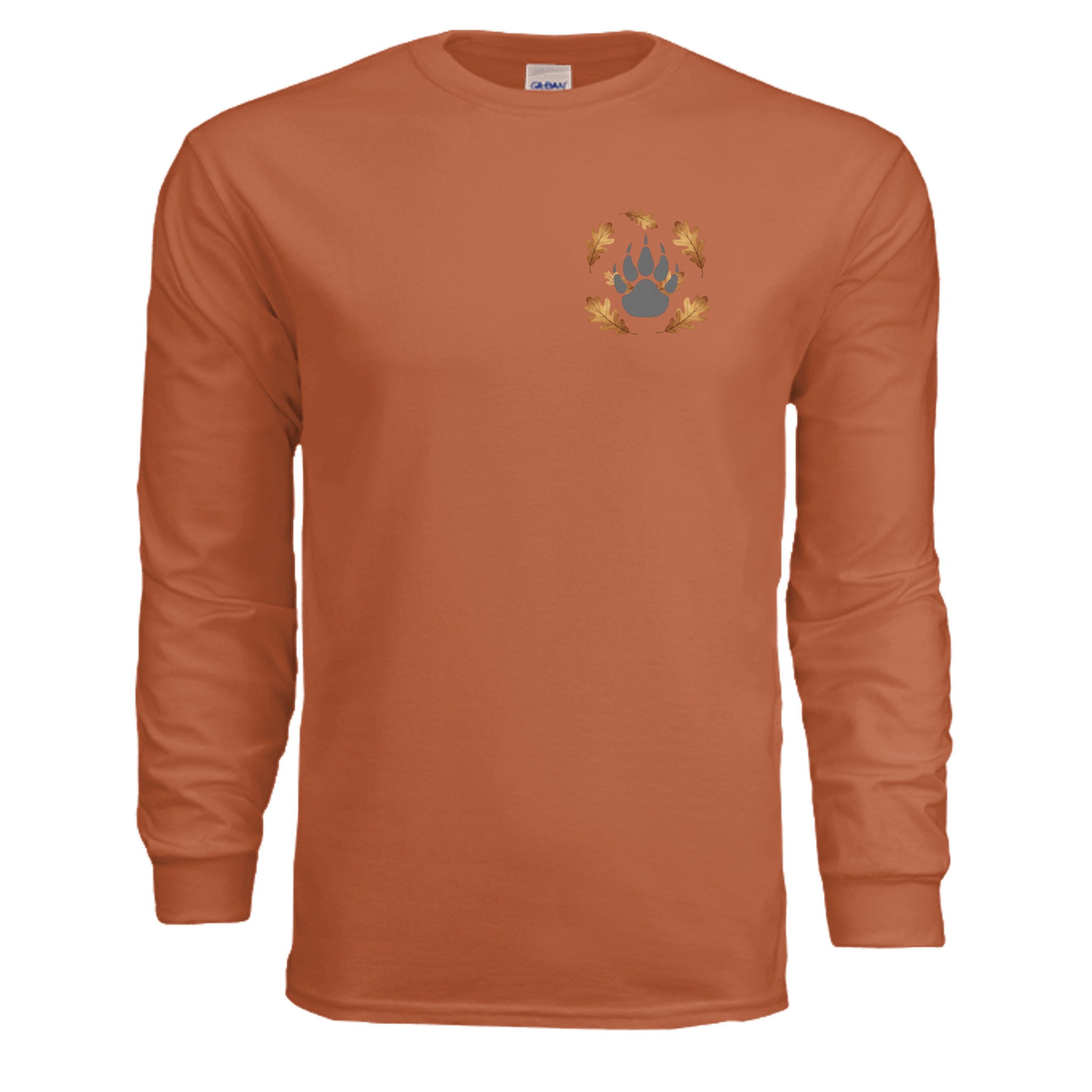 long sleeve pocket tee with graphic in TEXAS ORANGE featuring a bear paw design and autumn leaves.