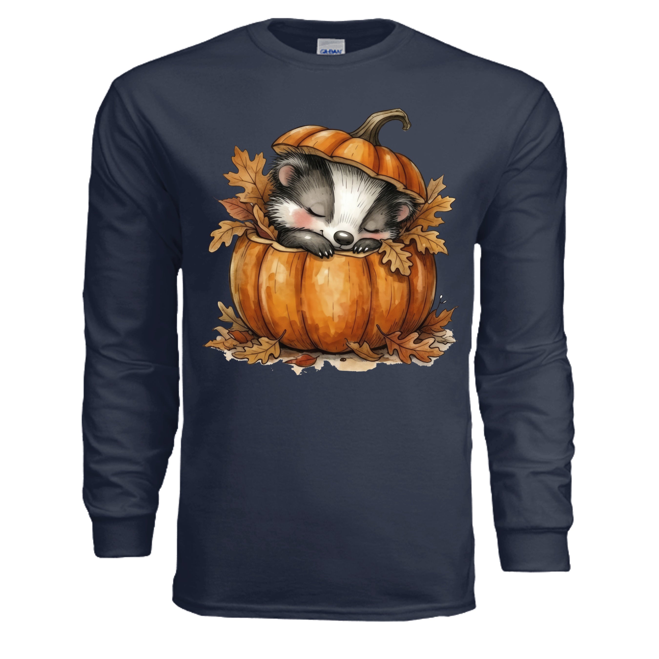 Cozy Badger Long Sleeve Tee featuring a badger in a pumpkin surrounded by autumn leaves on a navy background.