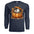 Cozy Badger Long Sleeve Tee featuring a badger in a pumpkin surrounded by autumn leaves on a navy background.