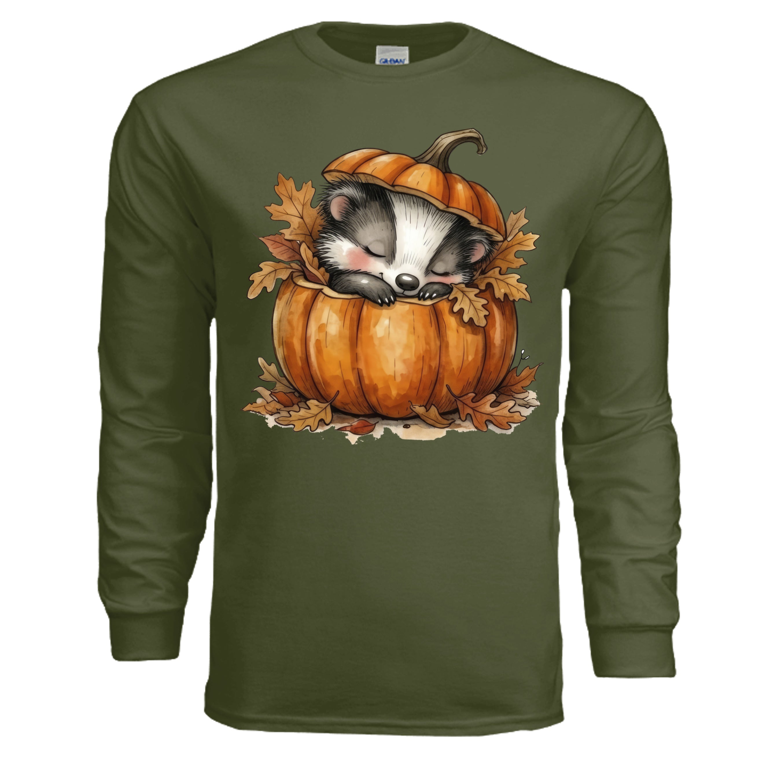 Cozy Badger Long Sleeve Tee in military green featuring a cute badger in a pumpkin surrounded by leaves.