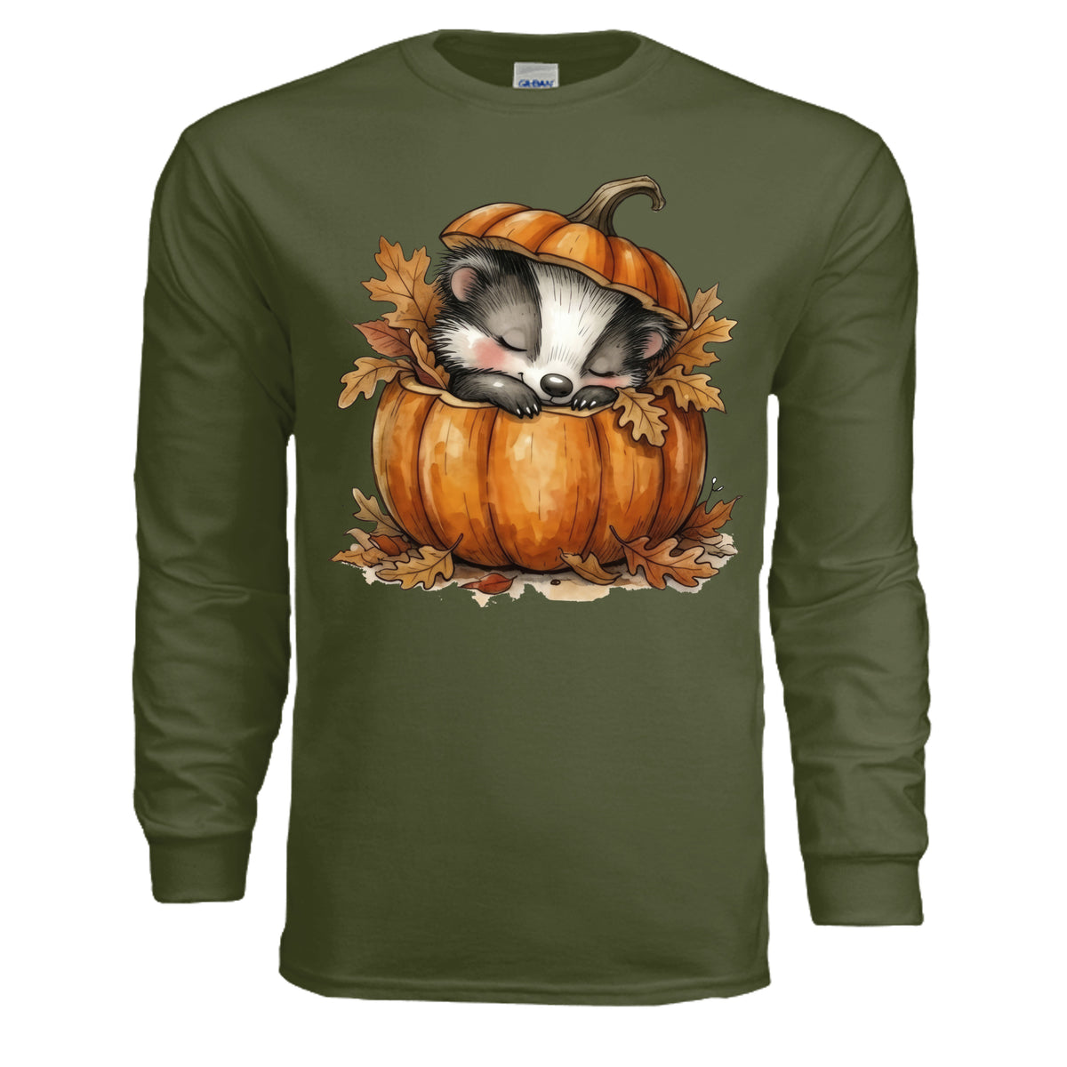 Cozy Badger Long Sleeve Tee in military green featuring a cute badger in a pumpkin surrounded by leaves.
