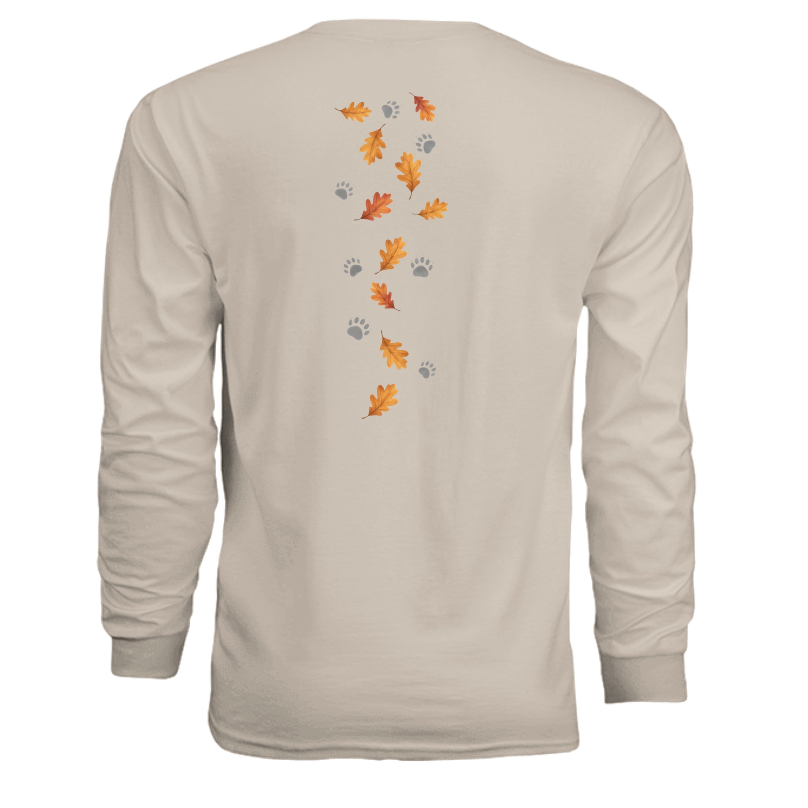 Back view of the Cozy Badger long sleeve tee featuring fall leaves and paw prints design.