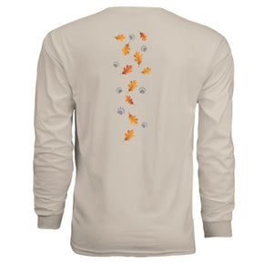 Back view of the Cozy Badger long sleeve tee featuring fall leaves and paw prints design.