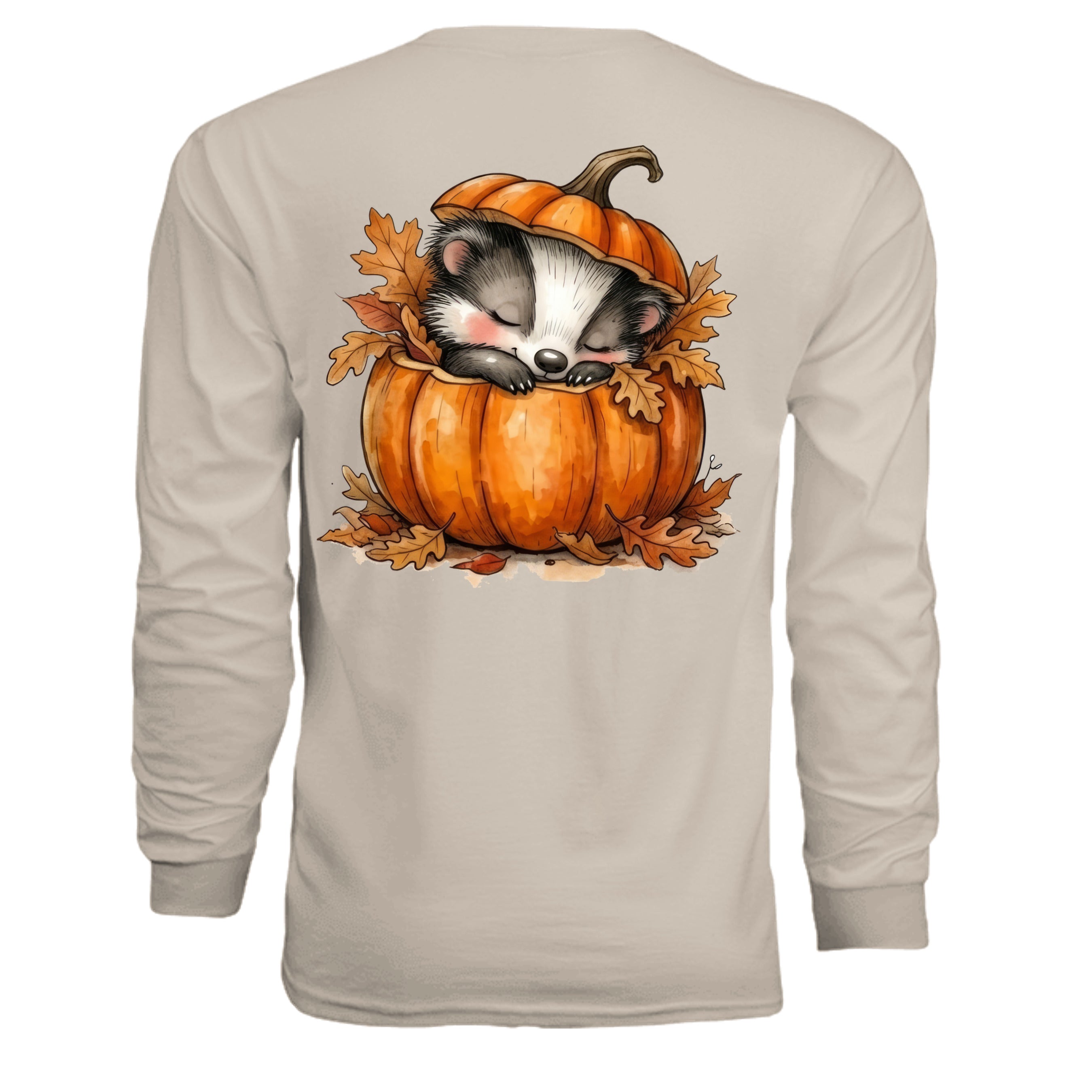 Cozy Badger graphic long sleeve tee featuring a cute badger in a pumpkin with autumn leaves.