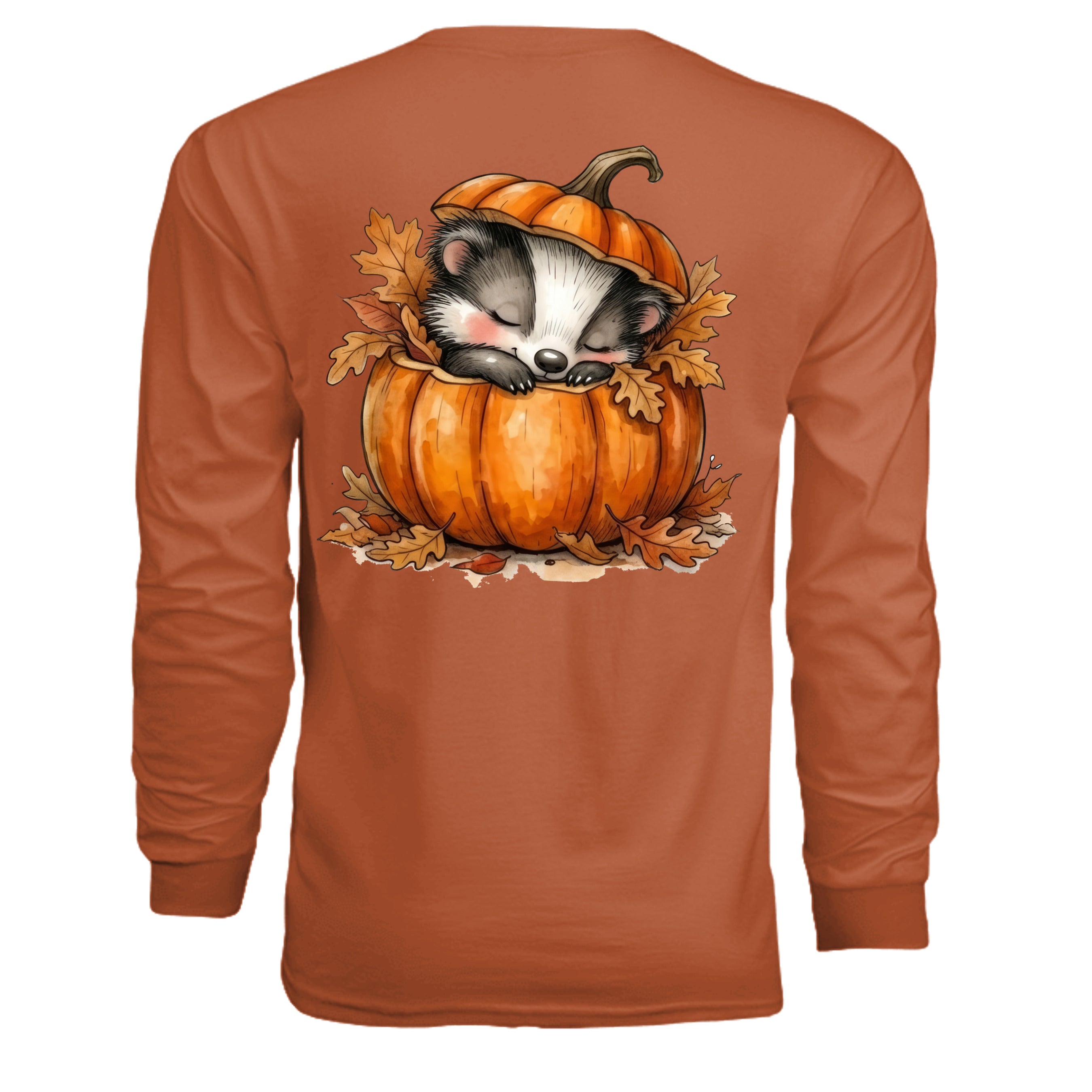 Cozy Badger graphic long sleeve tee featuring a cute badger sleeping in a pumpkin with autumn leaves.
