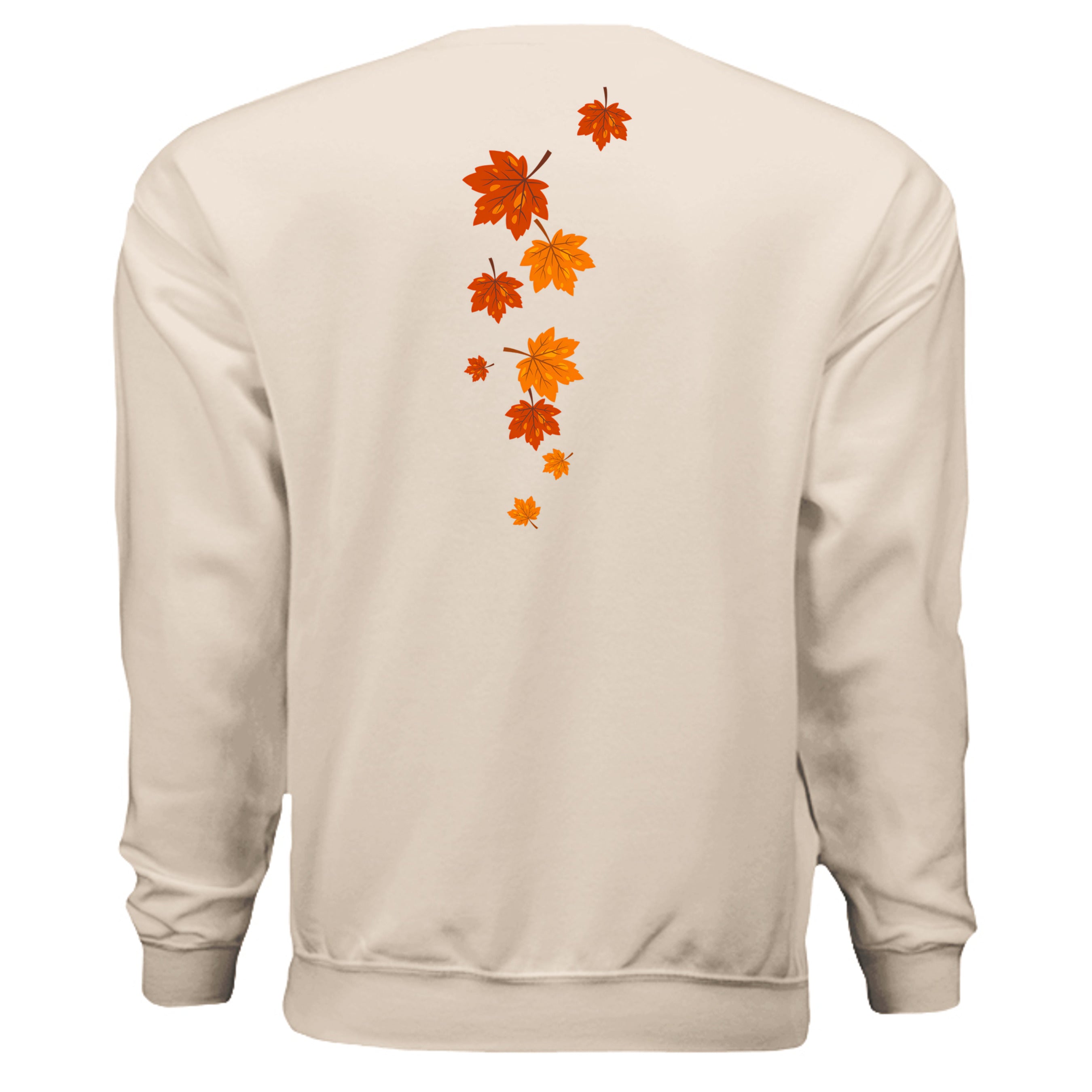 Back view of a cream sweatshirt featuring colorful autumn leaves design, perfect for fall fashion.