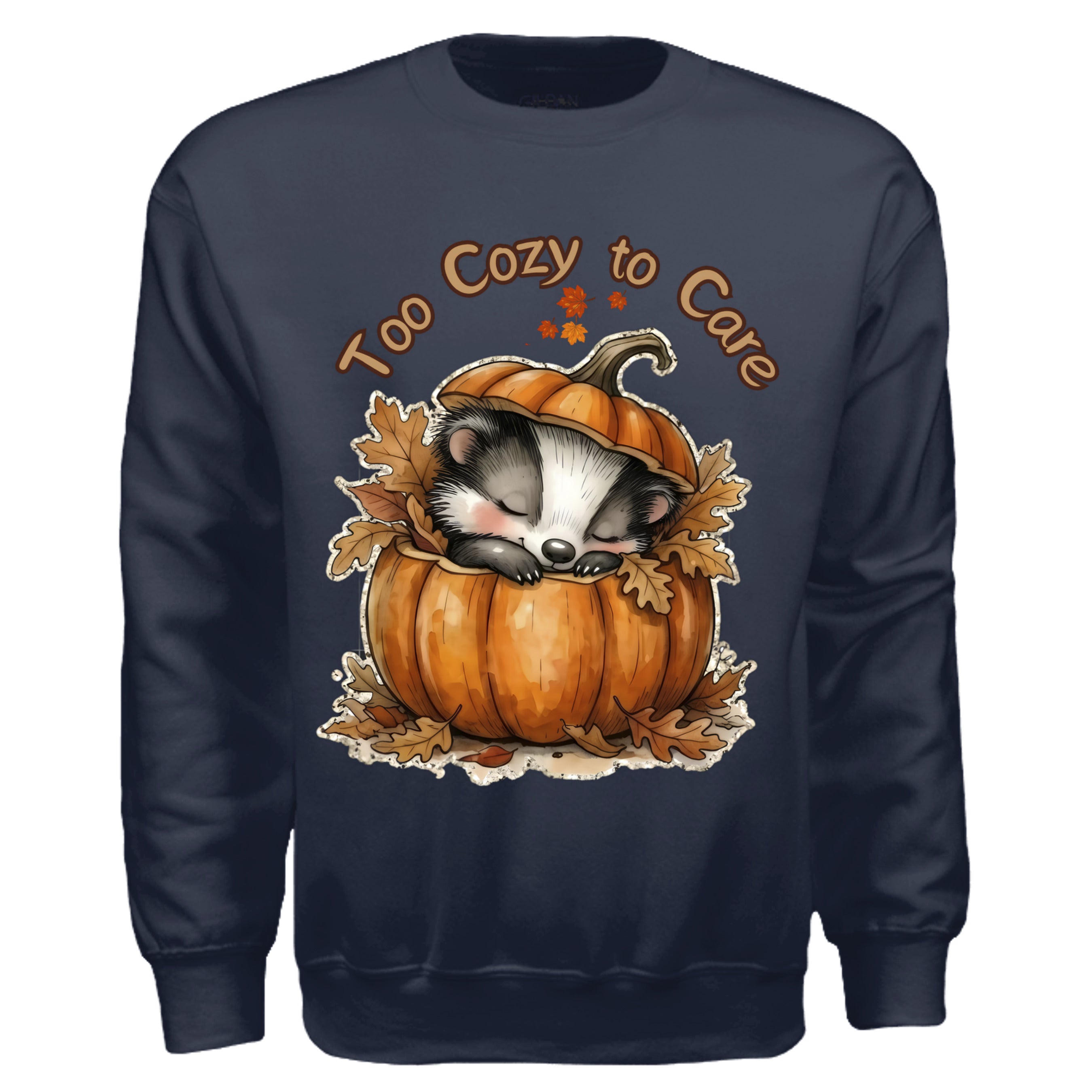 Too Cozy to Care sweatshirt in navy with graphic badger design sleeping in a pumpkin surrounded by leaves.