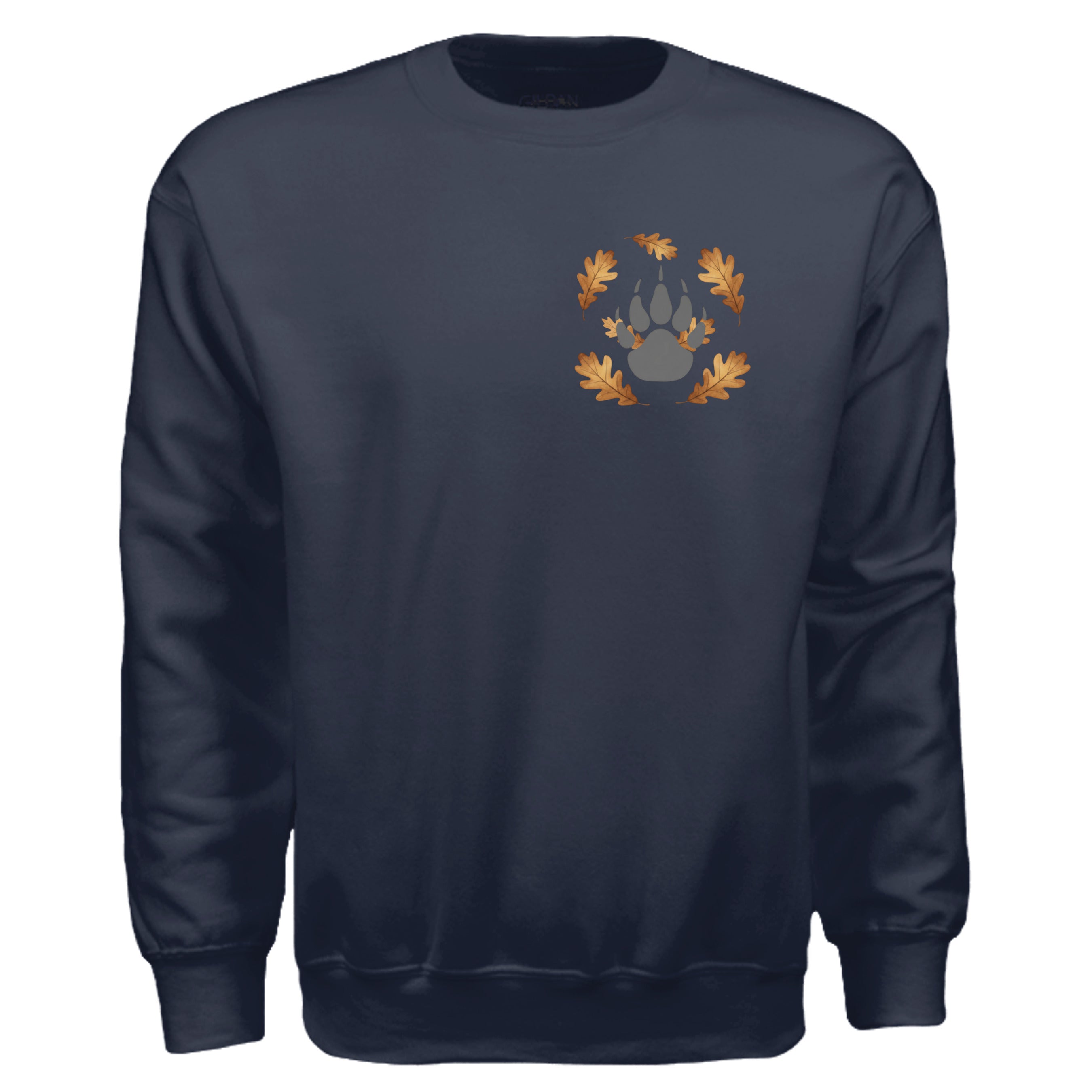 Graphic cozy sweatshirt with pocket in navy featuring playful paw print and oak leaves design.
