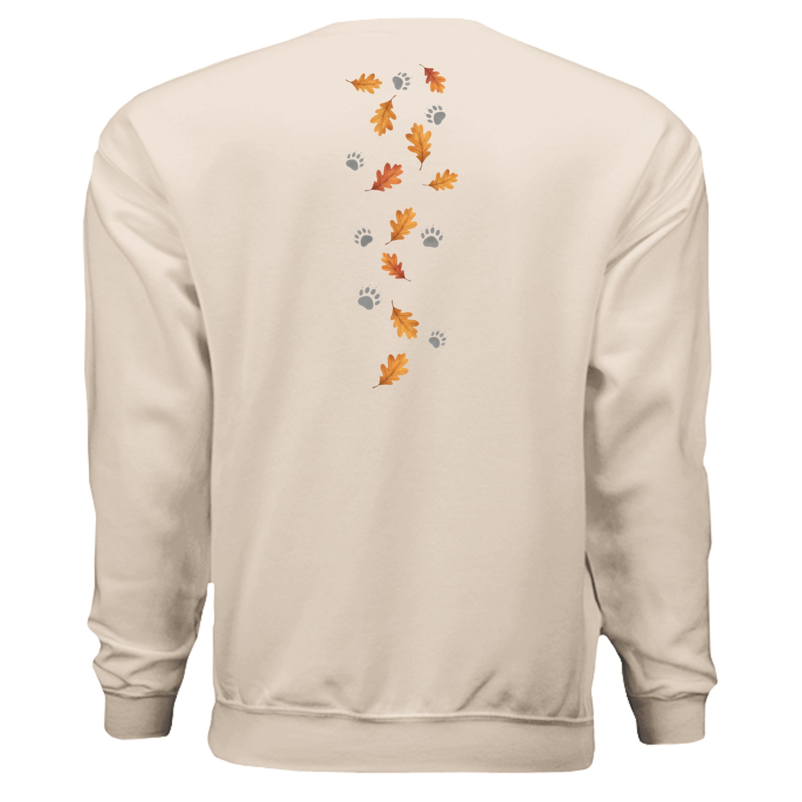 Back view of forest edition badger sweatshirt with autumn leaves and paw prints design.