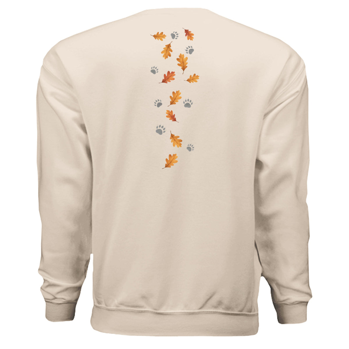 Back view of forest edition badger sweatshirt with autumn leaves and paw prints design.