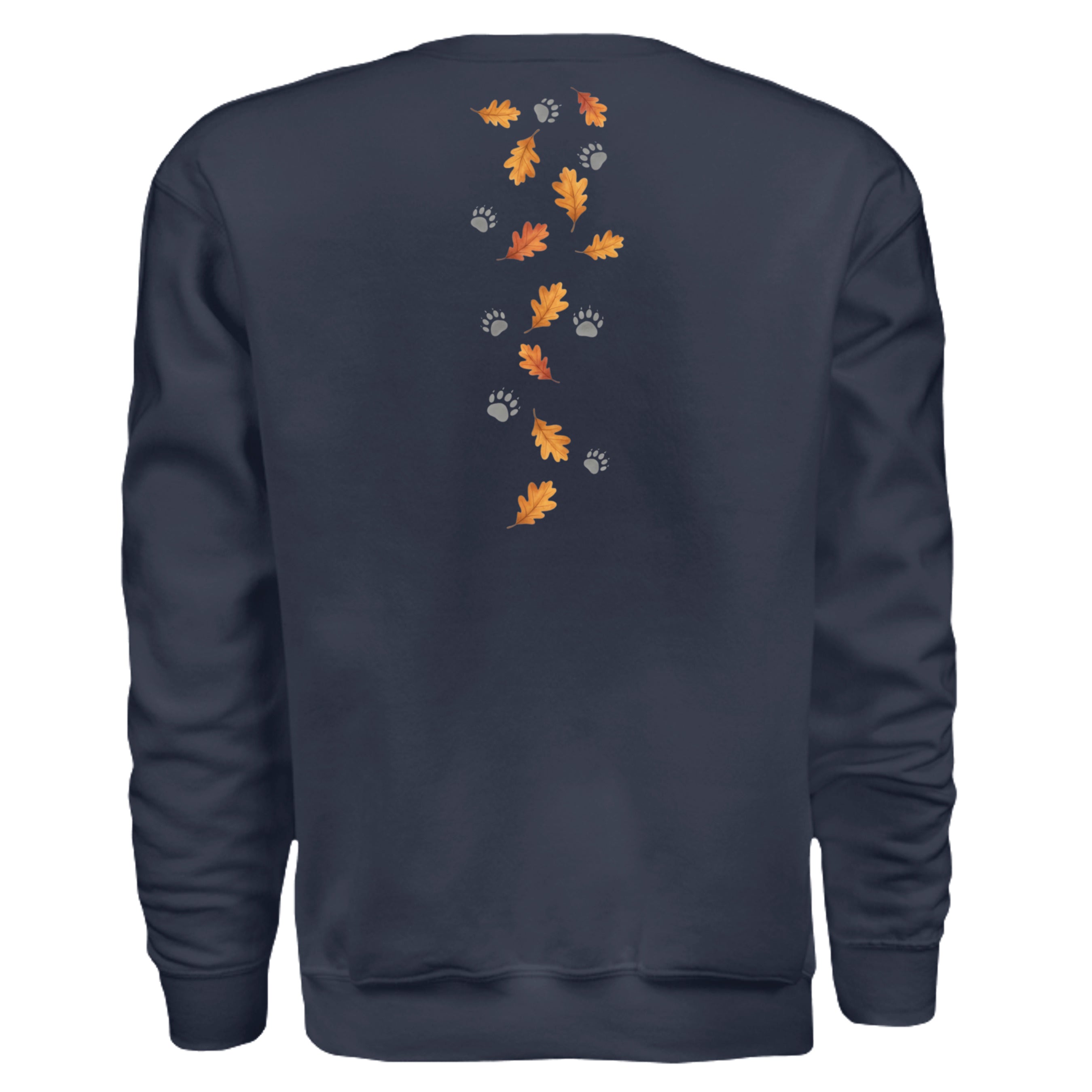 Back view of the forest edition badger sweatshirt featuring autumn leaves and paw prints.