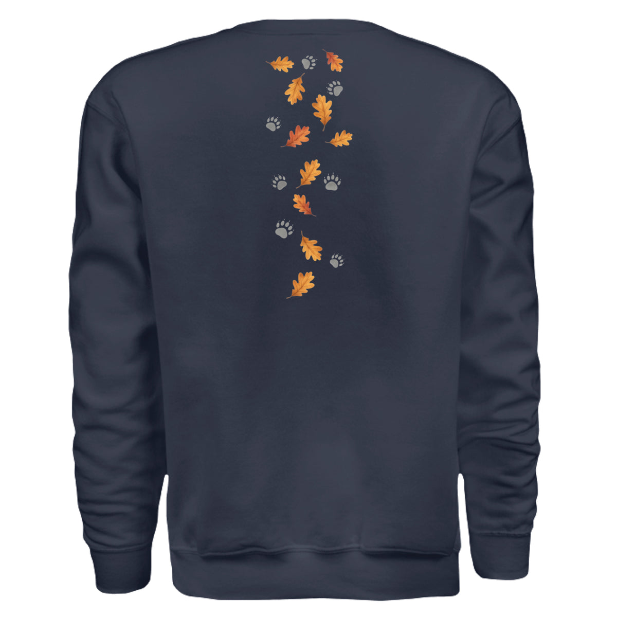 Back view of the forest edition badger sweatshirt featuring autumn leaves and paw prints.
