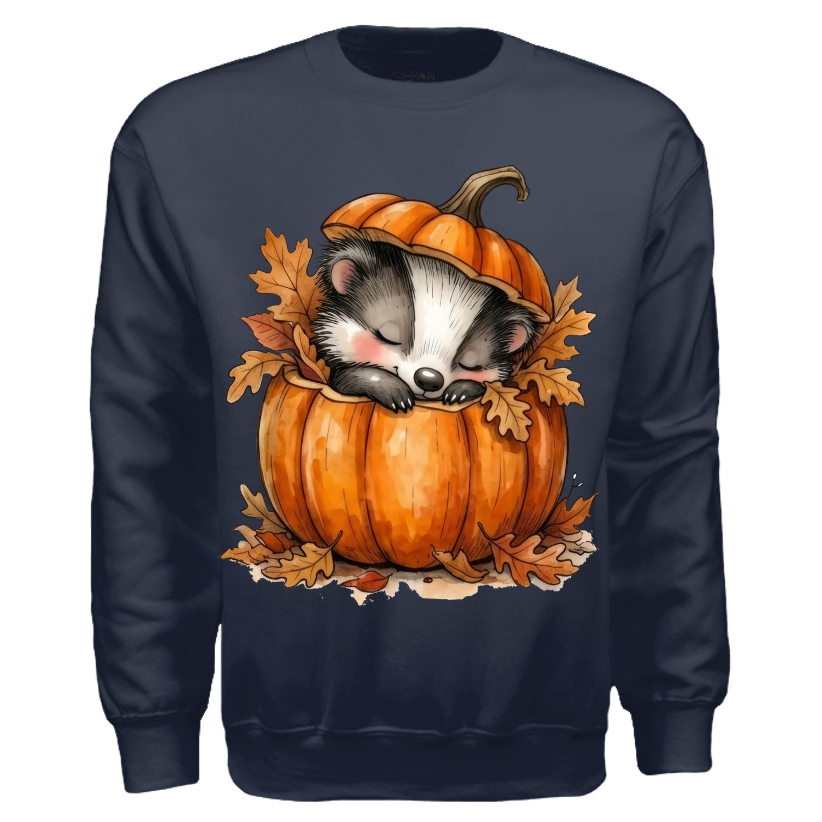 cozy forest edition badger sweatshirt featuring a badger sleeping in a pumpkin with autumn leaves