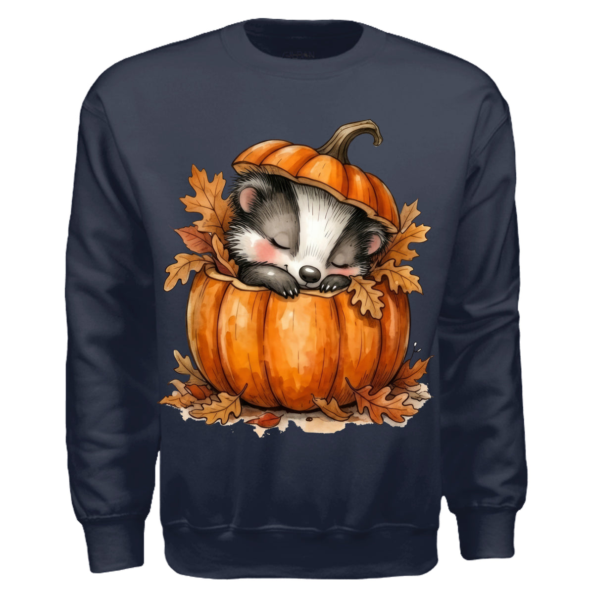 cozy forest edition badger sweatshirt featuring a badger sleeping in a pumpkin with autumn leaves