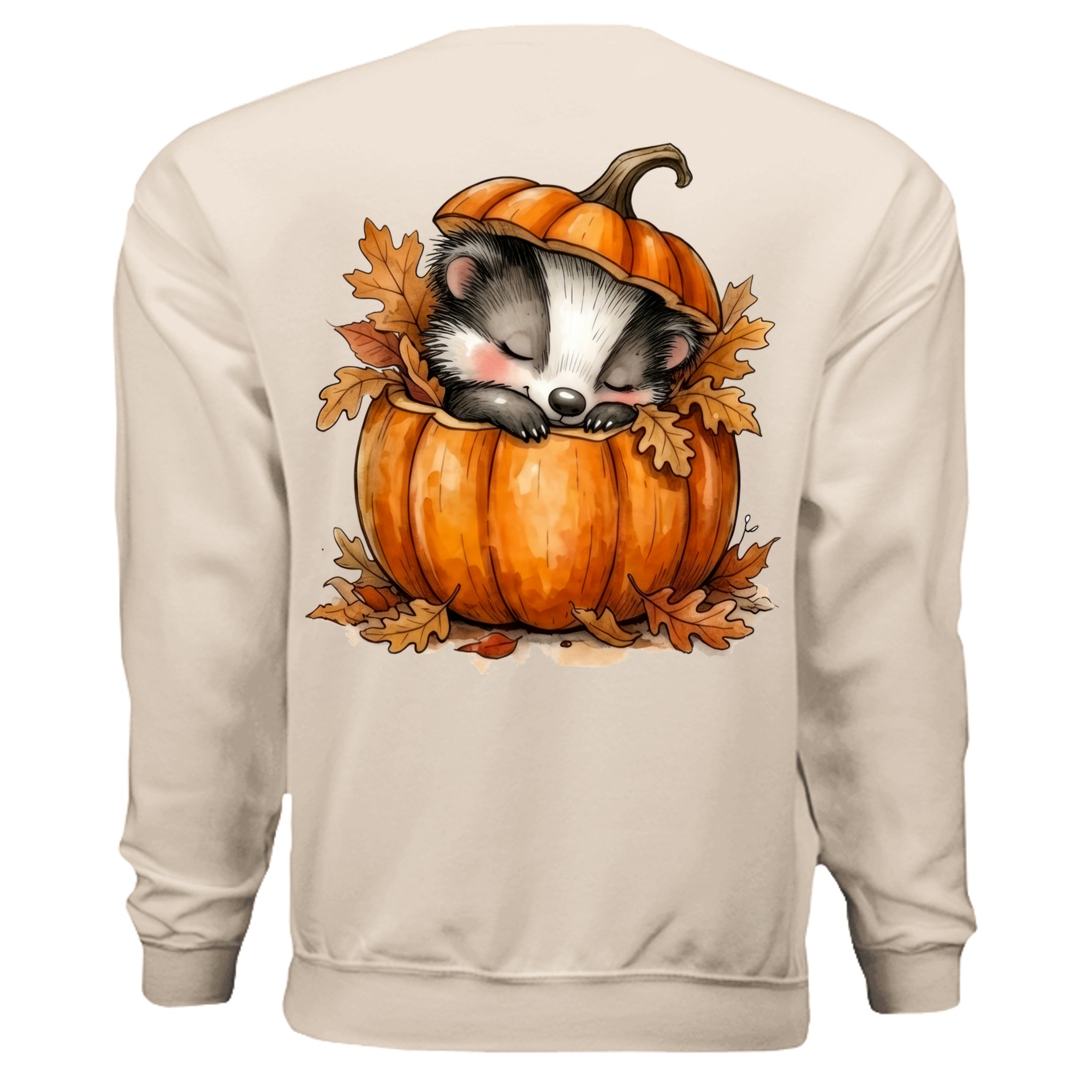 Cute badger graphic sweatshirt featuring a sleeping badger in a pumpkin with leaves design.