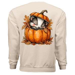 Cute badger graphic sweatshirt featuring a sleeping badger in a pumpkin with leaves design.