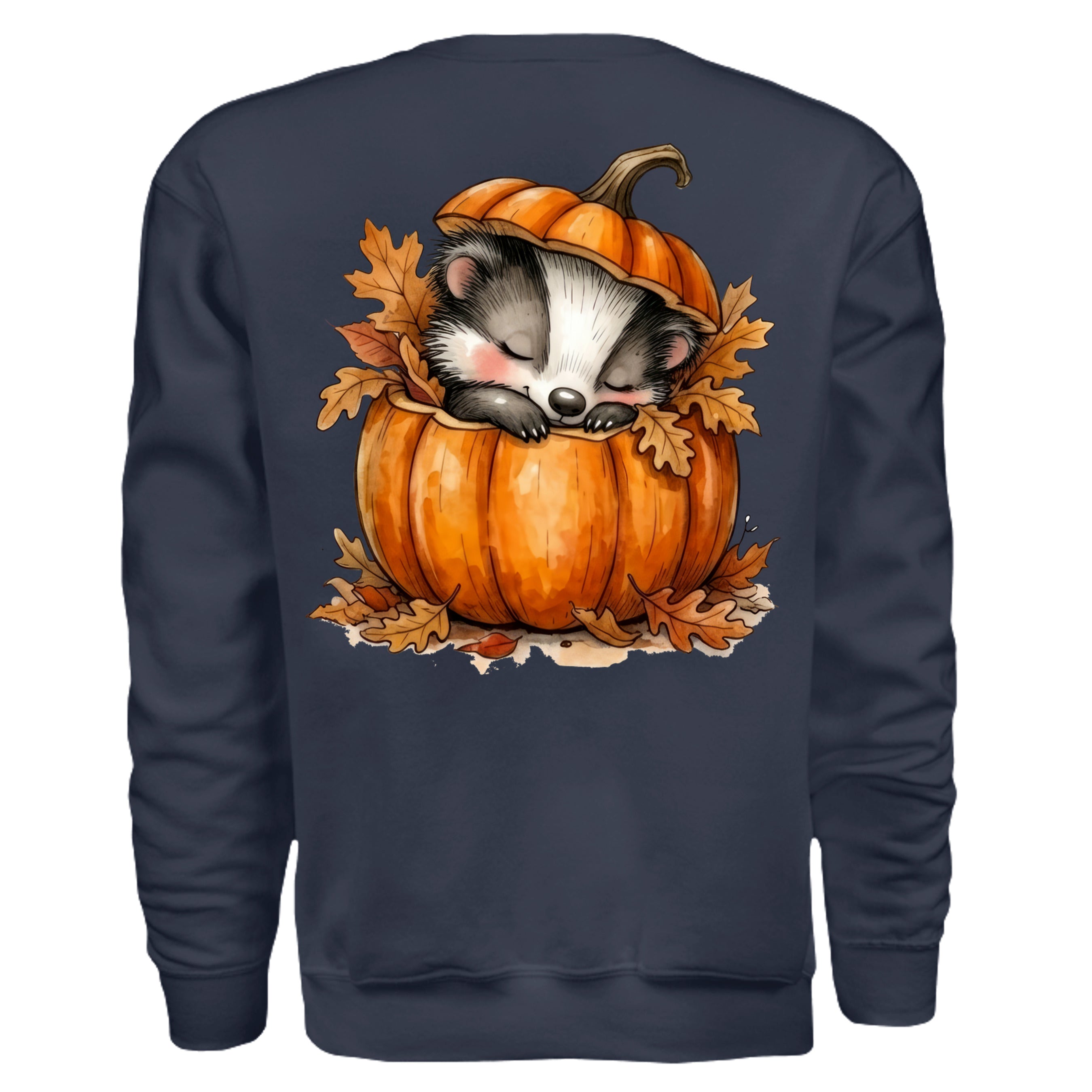 Cozy Badger Sweatshirt with a cute badger graphic sleeping in a pumpkin, featuring autumn leaves and vibrant colors.