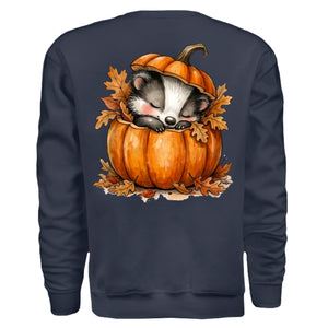 Cozy Badger Sweatshirt with a cute badger graphic sleeping in a pumpkin, featuring autumn leaves and vibrant colors.