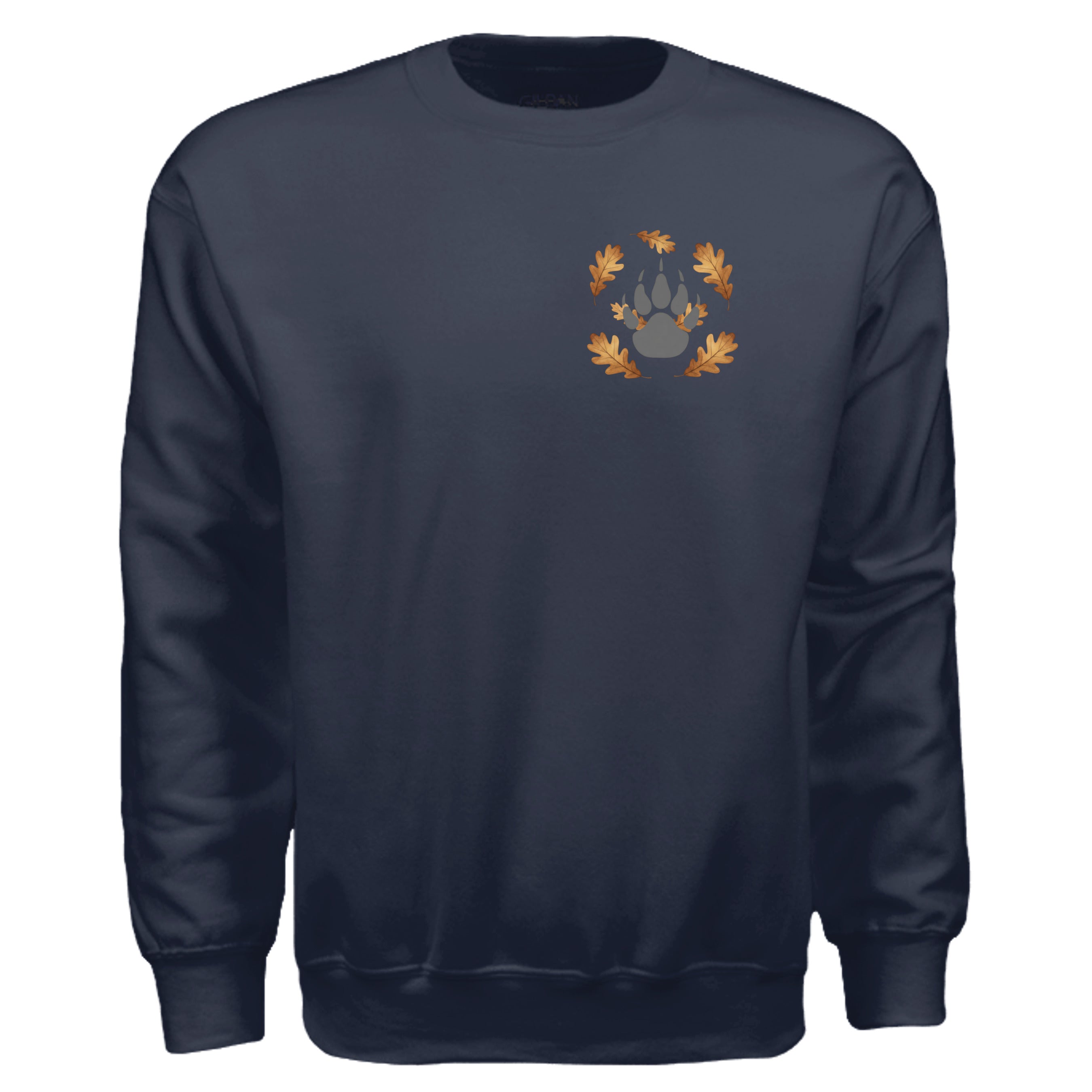Cozy Badger Sweatshirt in navy featuring a small badger graphic and autumn leaves design on the chest.