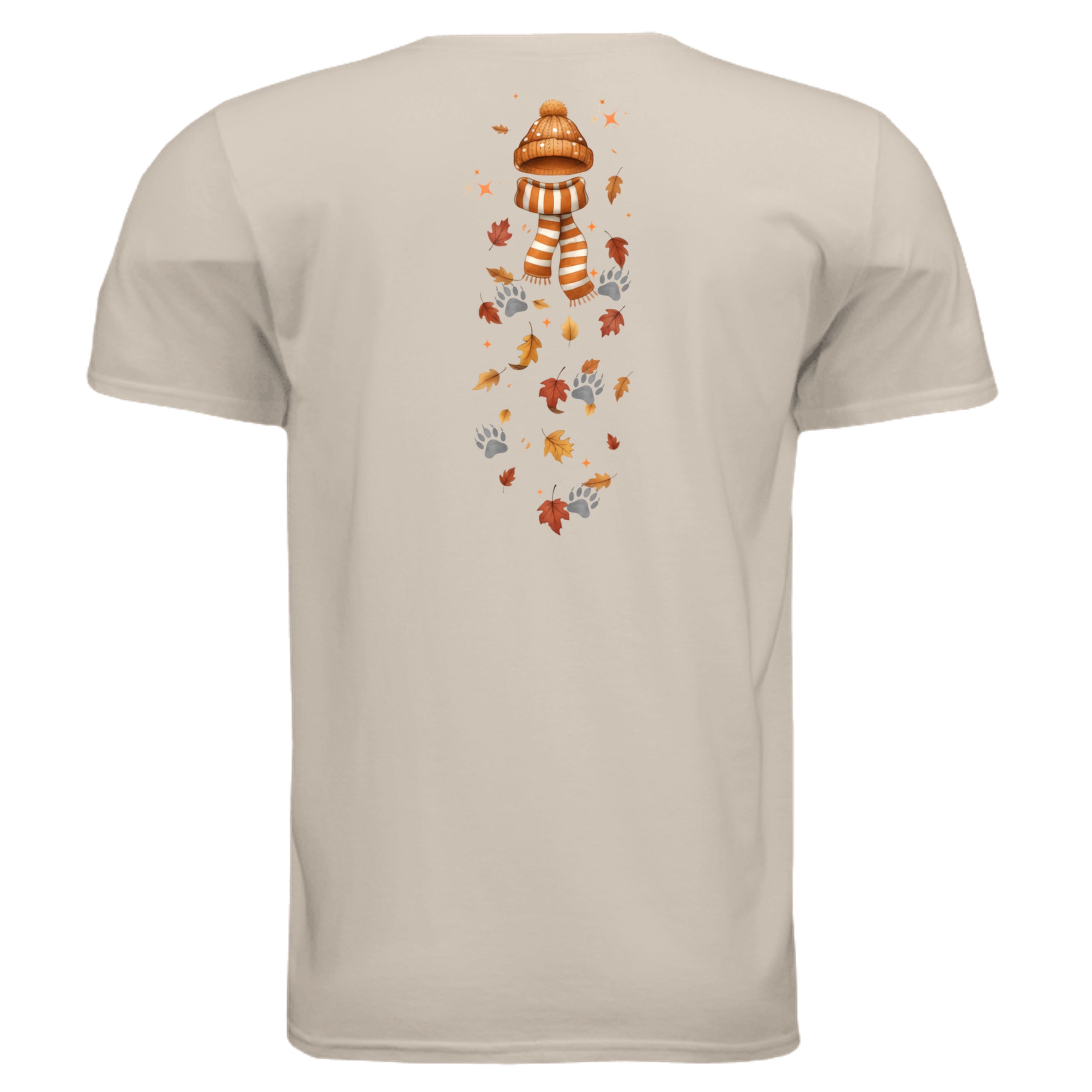Back view of the Leaf Pile Badger Tee featuring whimsical fall graphics and leaves, perfect for autumn wear.