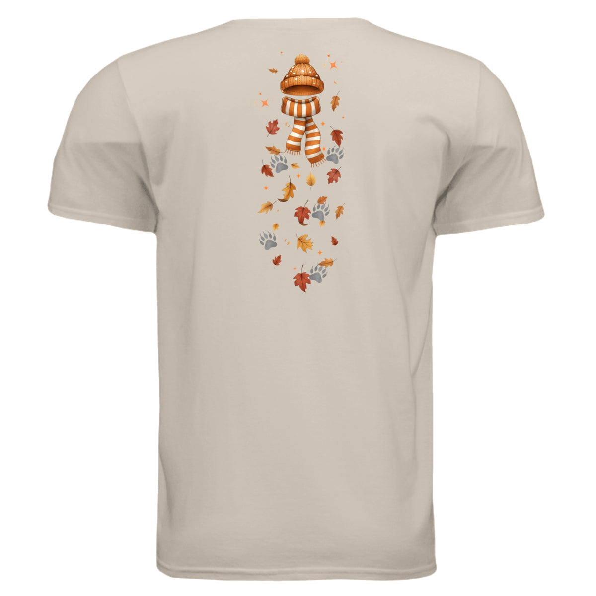 Back view of the Leaf Pile Badger Tee featuring whimsical fall graphics and leaves, perfect for autumn wear.