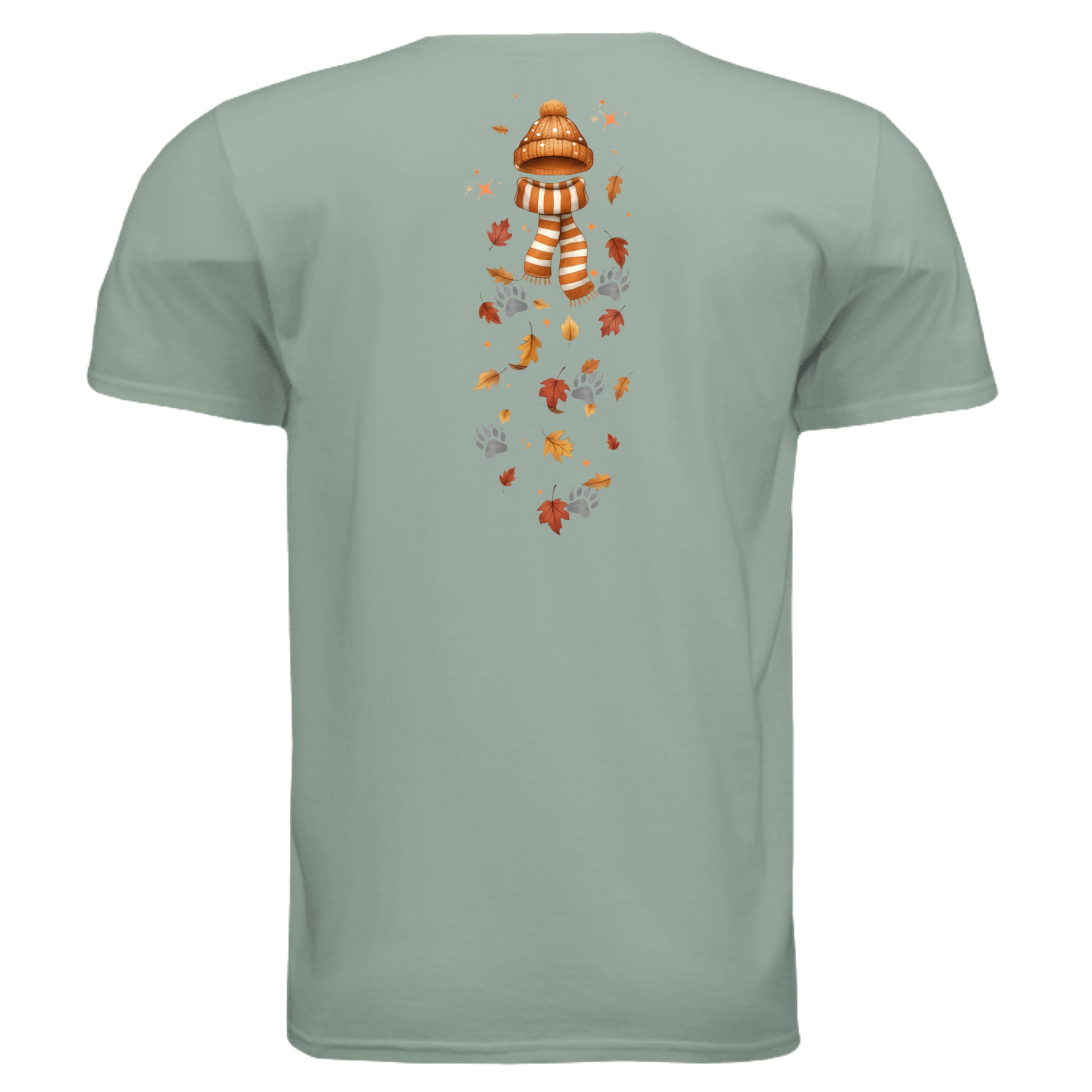 Back view of the Leaf Pile Badger Tee featuring playful fall graphic badger tee design with leaves and a scarf.