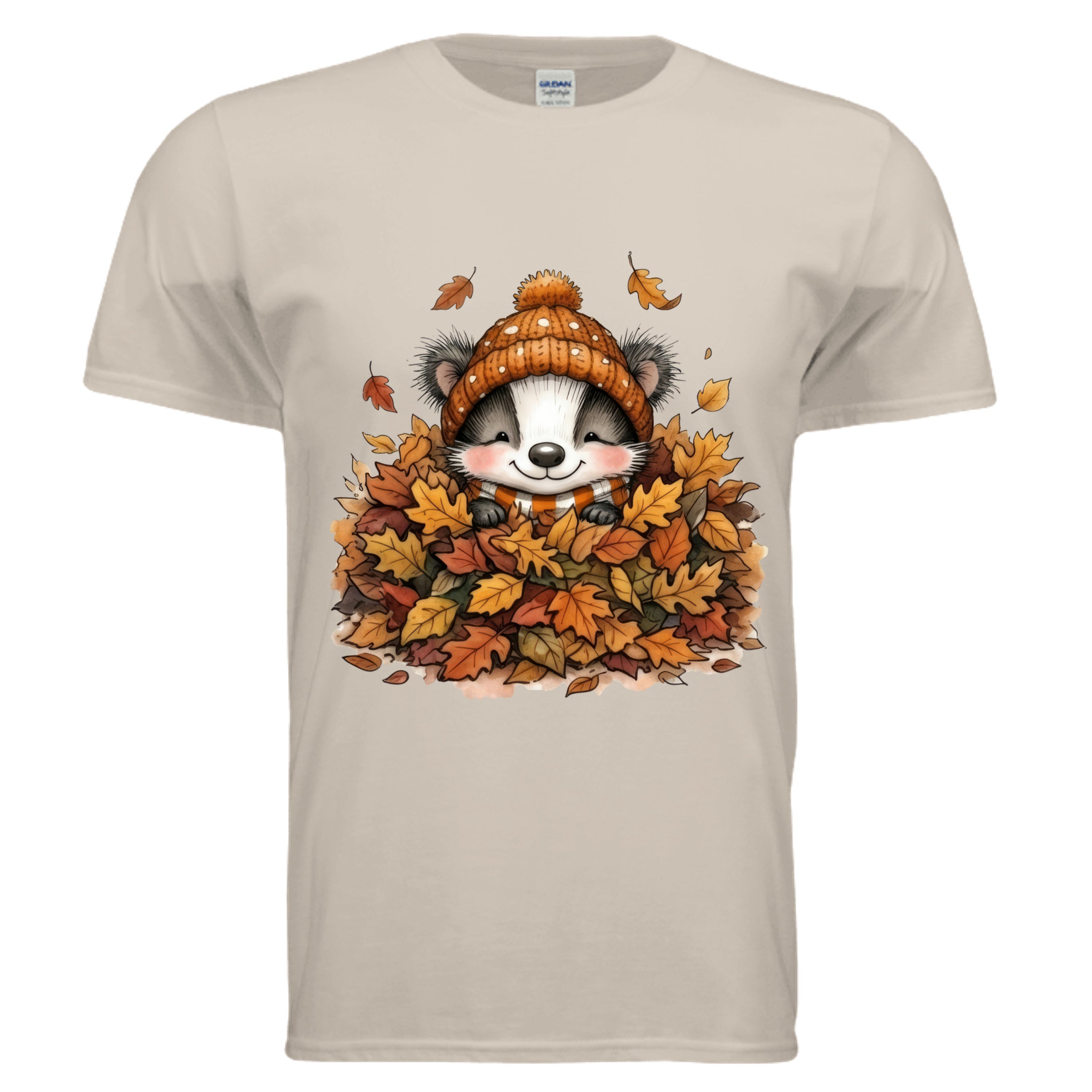 Autumn-themed Leaf Pile Badger Tee with front graphic of a cute badger in a pile of leaves, ideal for seasonal wear.