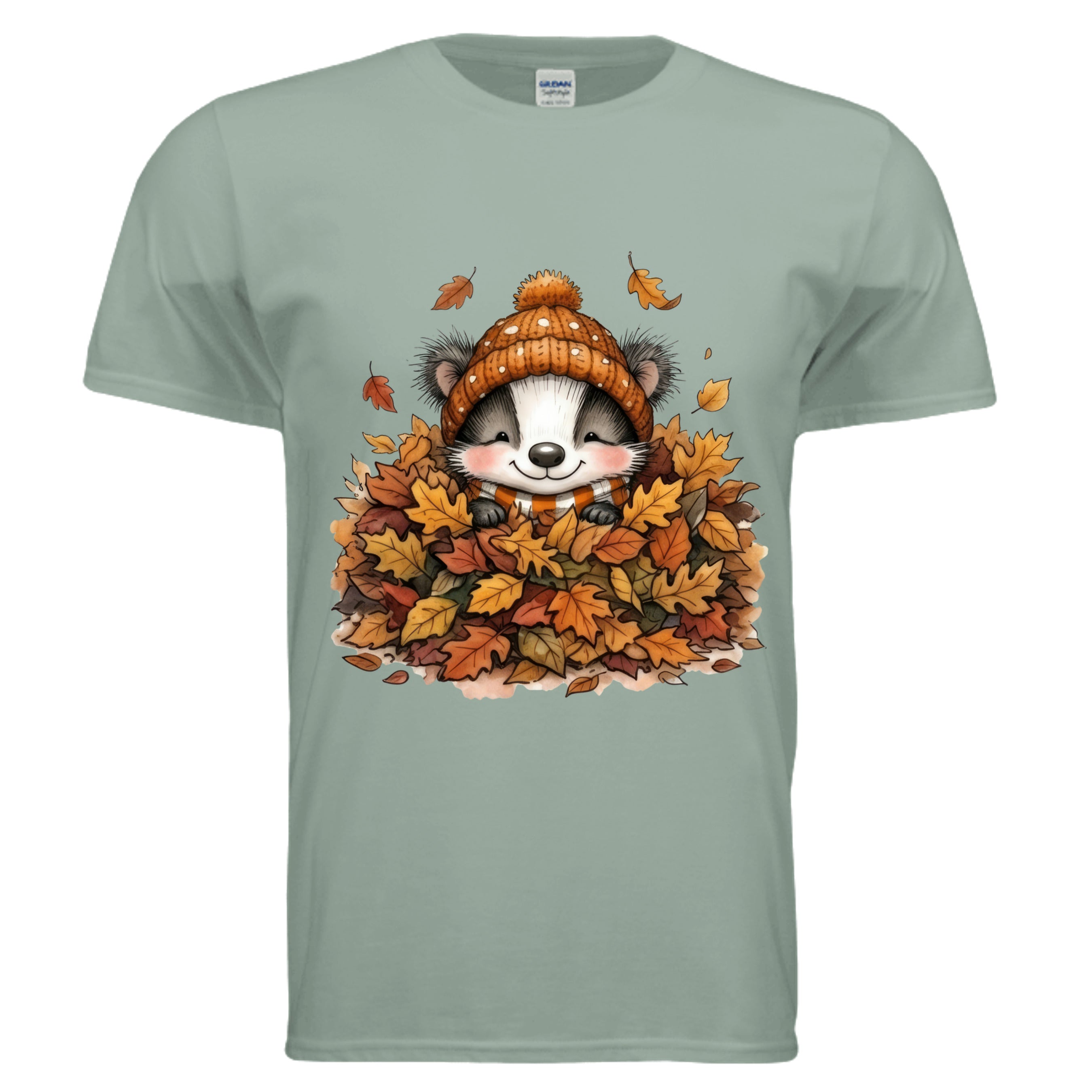 Sage Leaf Pile Badger Tee showcasing fall graphic badger tee design featuring badger in leaves.