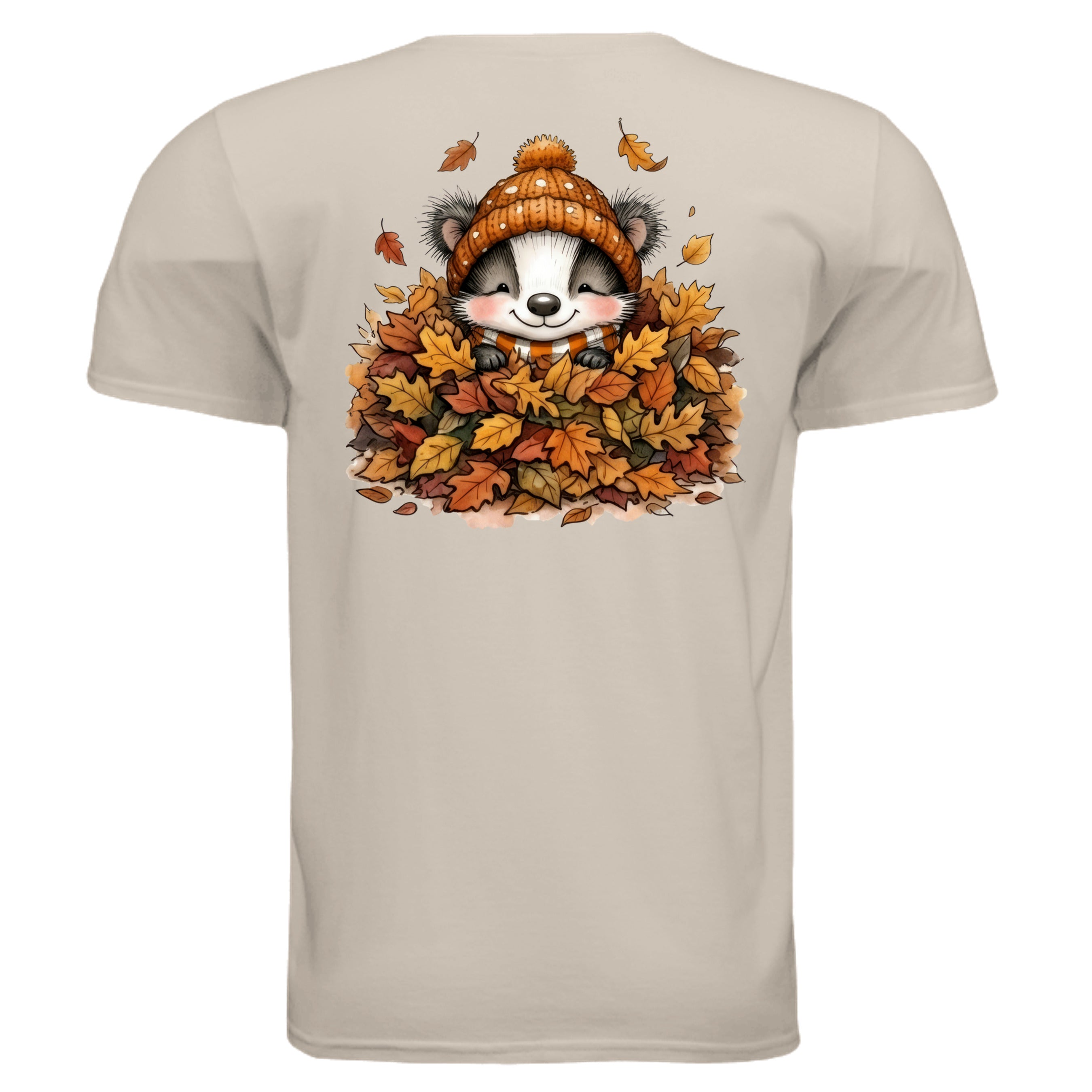 Leaf Pile Badger Pocket Tee – Full Back Graphic showcasing a badger in leaves, perfect fall graphic pocket tee.