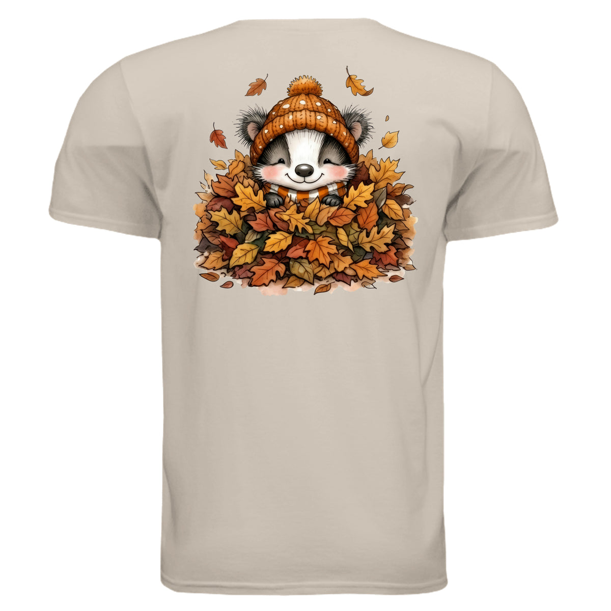 Leaf Pile Badger Pocket Tee – Full Back Graphic showcasing a badger in leaves, perfect fall graphic pocket tee.