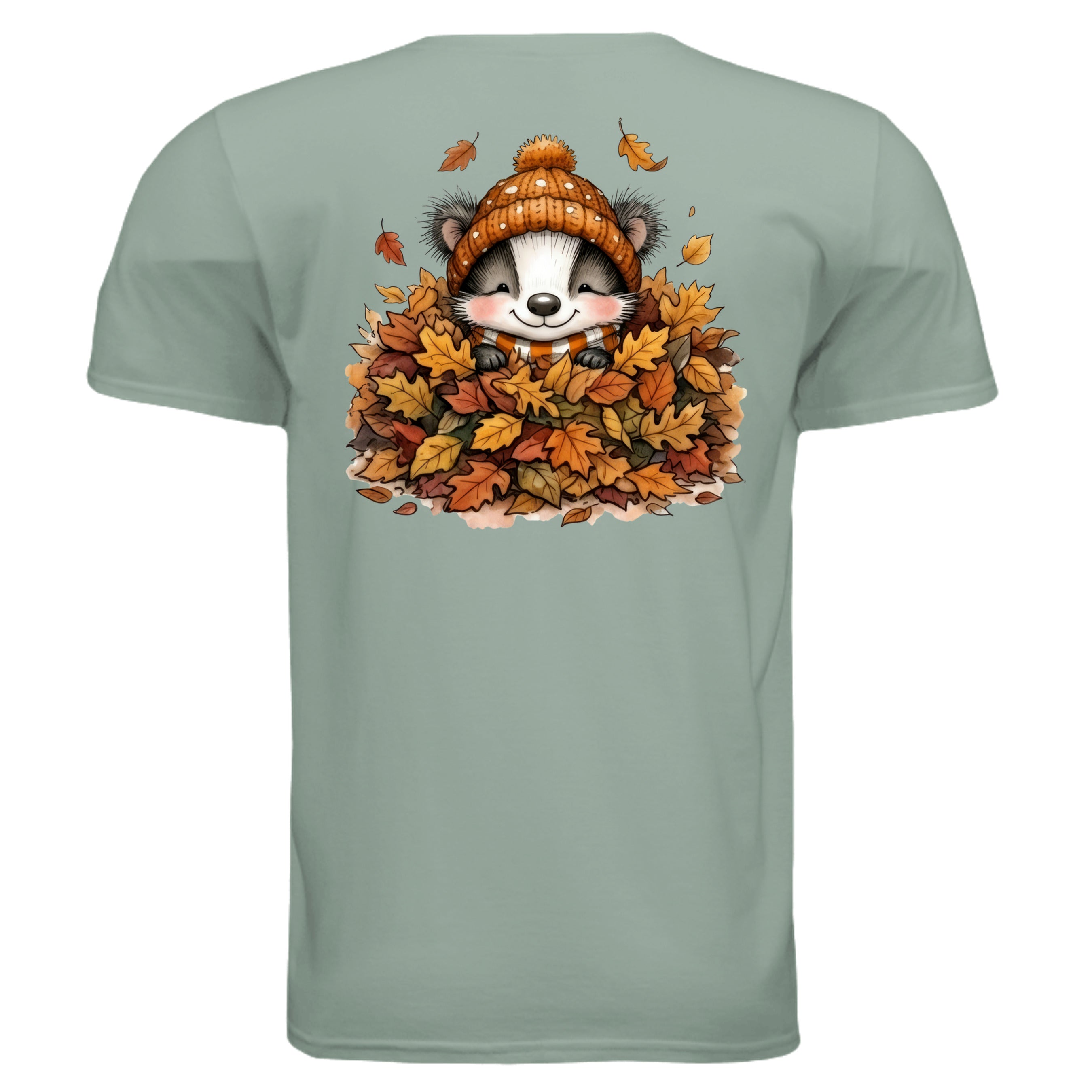Leaf Pile Badger Pocket Tee – Full Back Graphic featuring a badger in leaves, perfect fall graphic pocket tee design.